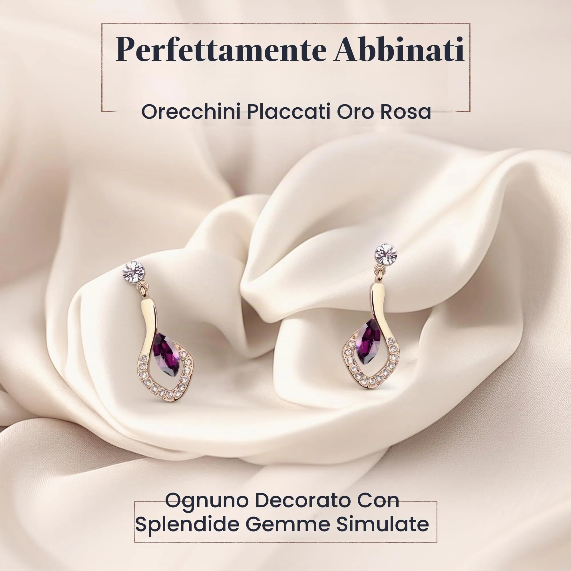 Crystalline Azuria Donna Parure Collana con Ciondolo 45 cm e Orecchini, 18ct Placcato Oro Rosa, Cristalli Ametista simulato - immagine 5