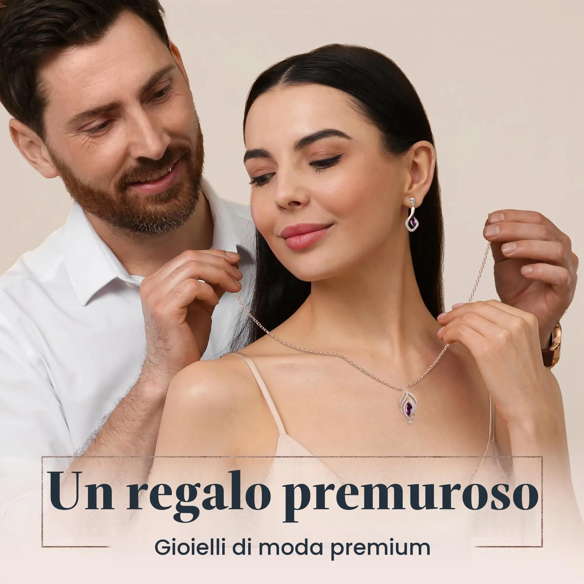 Crystalline Azuria Donna Parure Collana con Ciondolo 45 cm e Orecchini, 18ct Placcato Oro Rosa, Cristalli Ametista simulato - immagine 7