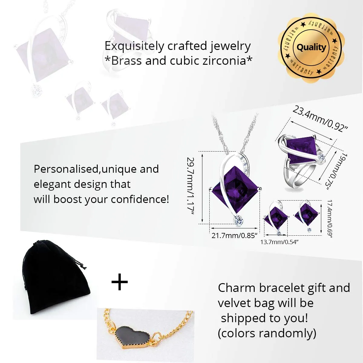 Uloveido T295 Set di gioielli da sposa con collana, orecchini e anello, placcati in oro bianco con topazio mistico viola - immagine 7