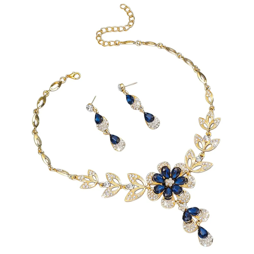 TTPSRY Parure Collana e Orecchini Fiore Cristallo Blu e Oro - immagine 1
