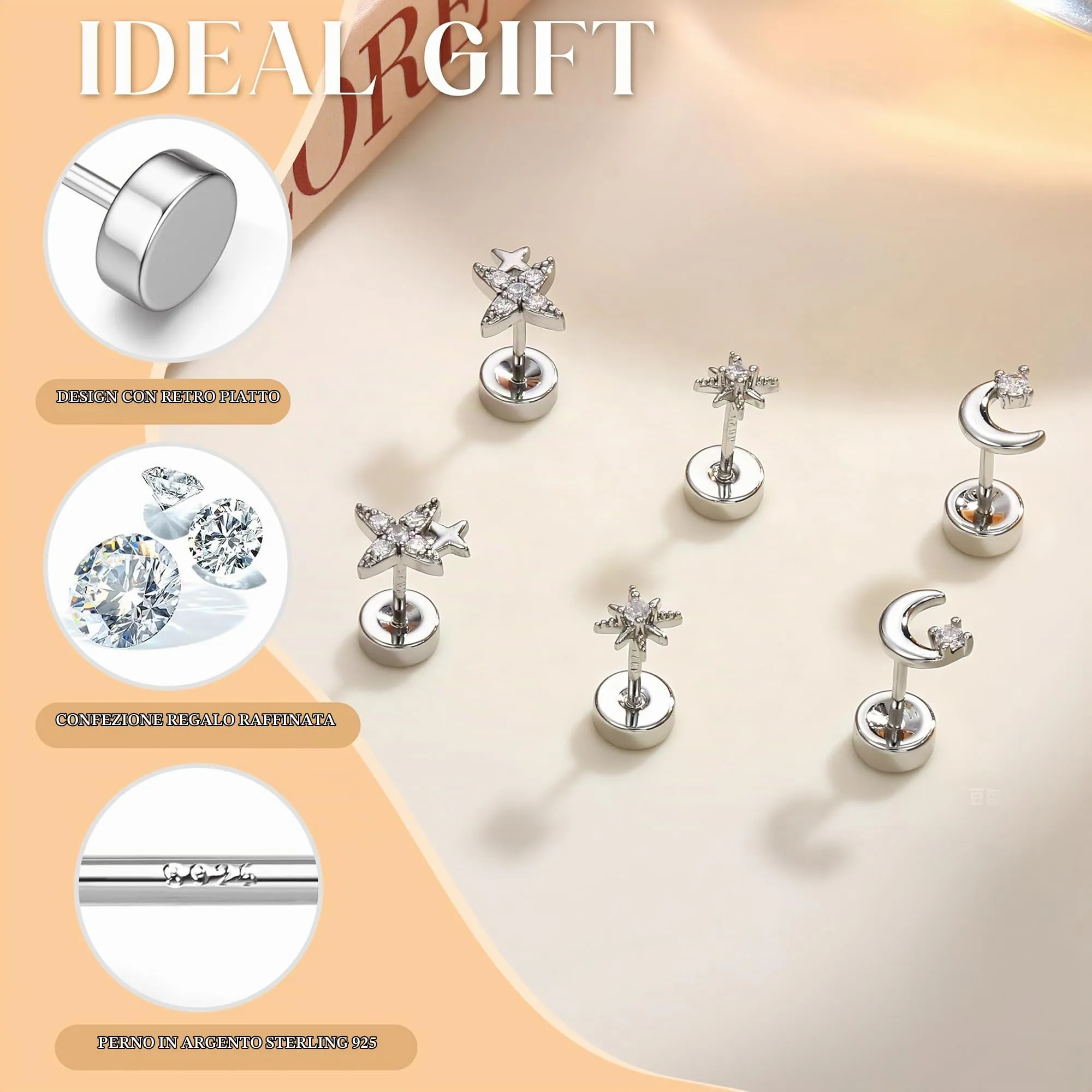 Finrezio Set di 3 Paia di Orecchini a Perni in Argento 925 con Motivi Stella, Luna e Sole - immagine 5