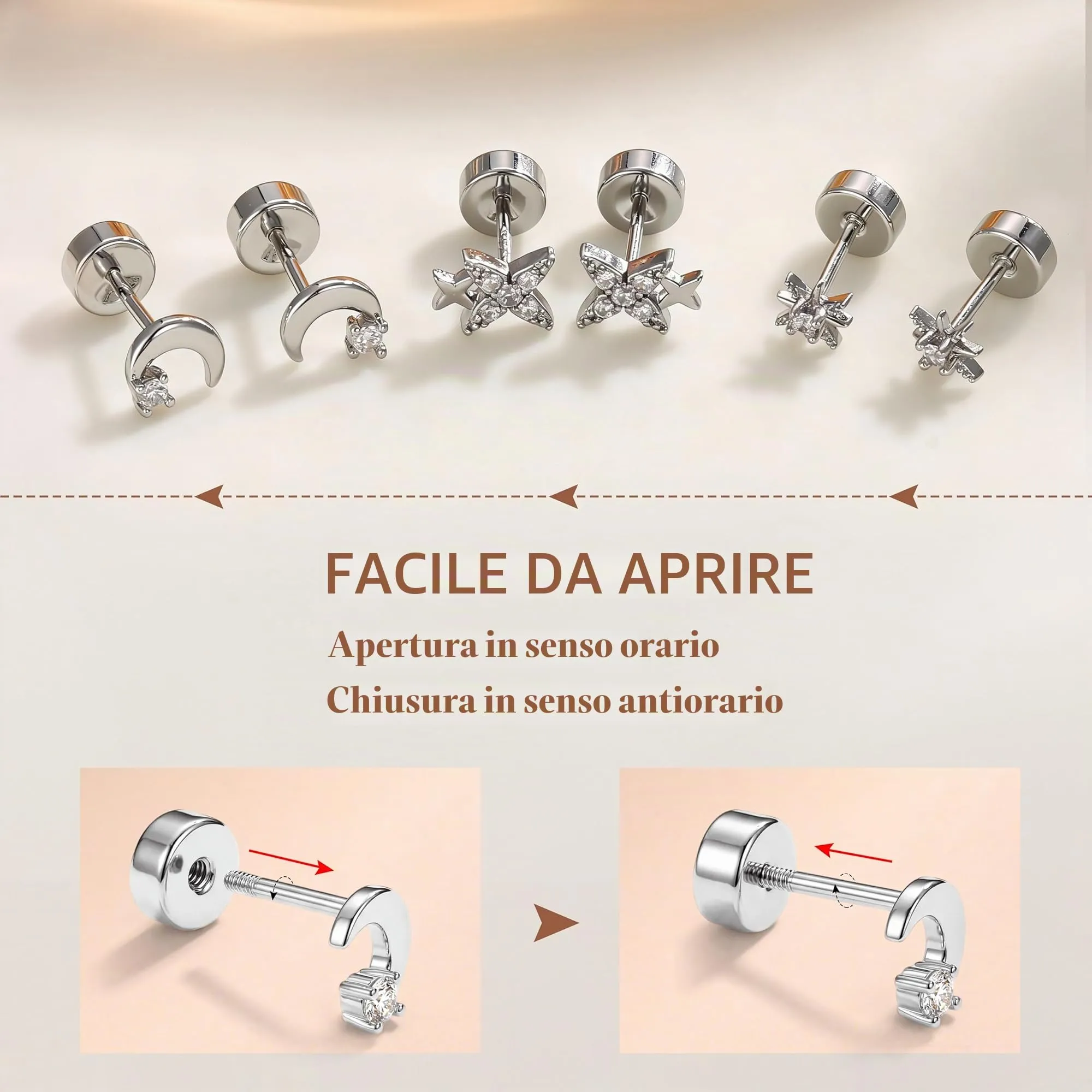 Finrezio Set di 3 Paia di Orecchini a Perni in Argento 925 con Motivi Stella, Luna e Sole - immagine 6