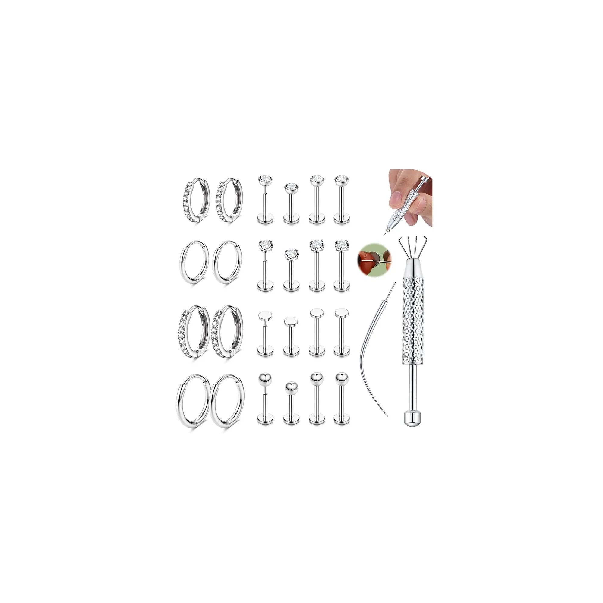 CASSIECA Set 12 Paia Orecchini in Acciaio Chirurgico 316L Argento per Piercing Helix Trago Conch - immagine 1