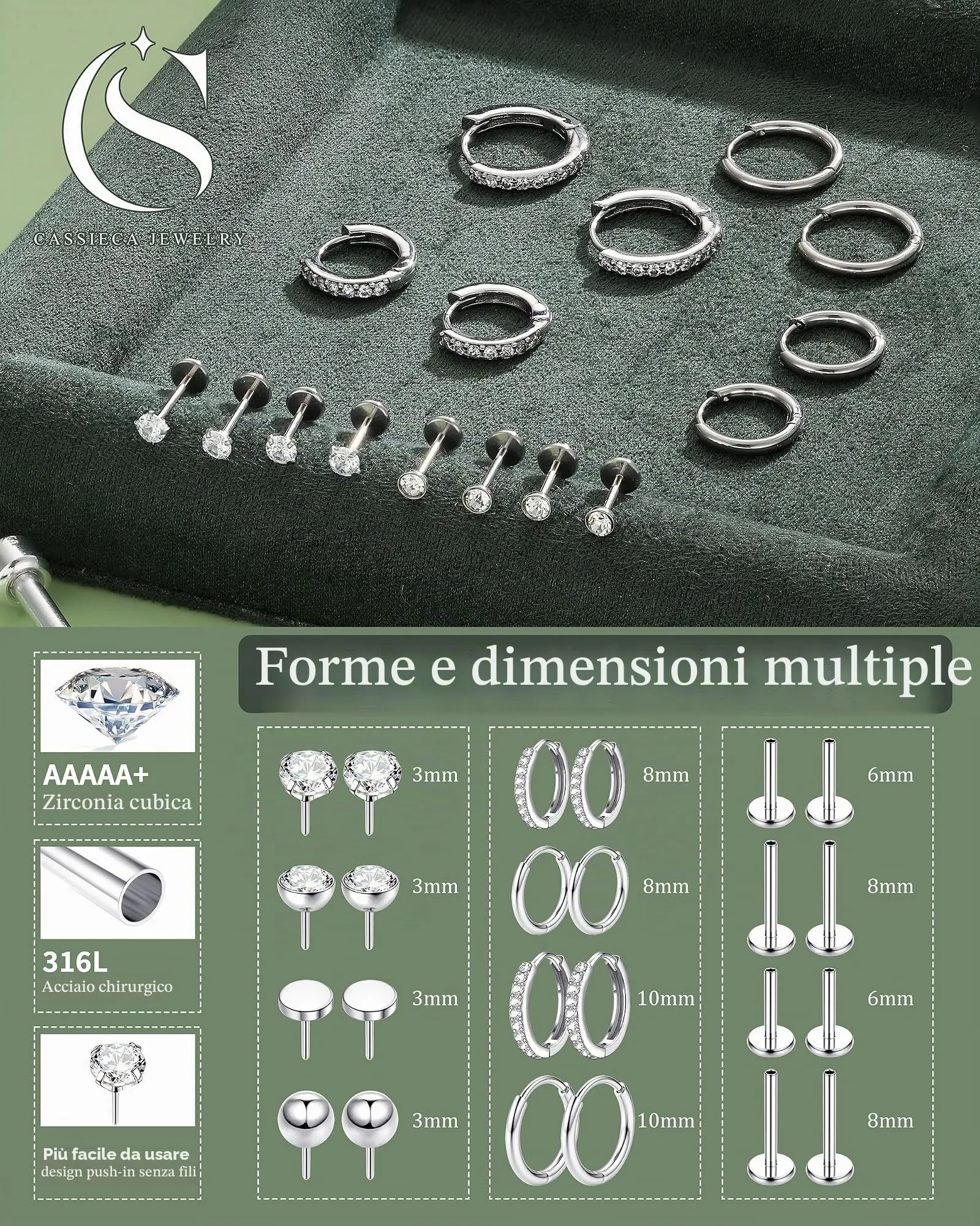 CASSIECA Set 12 Paia Orecchini in Acciaio Chirurgico 316L Argento per Piercing Helix Trago Conch - immagine 2