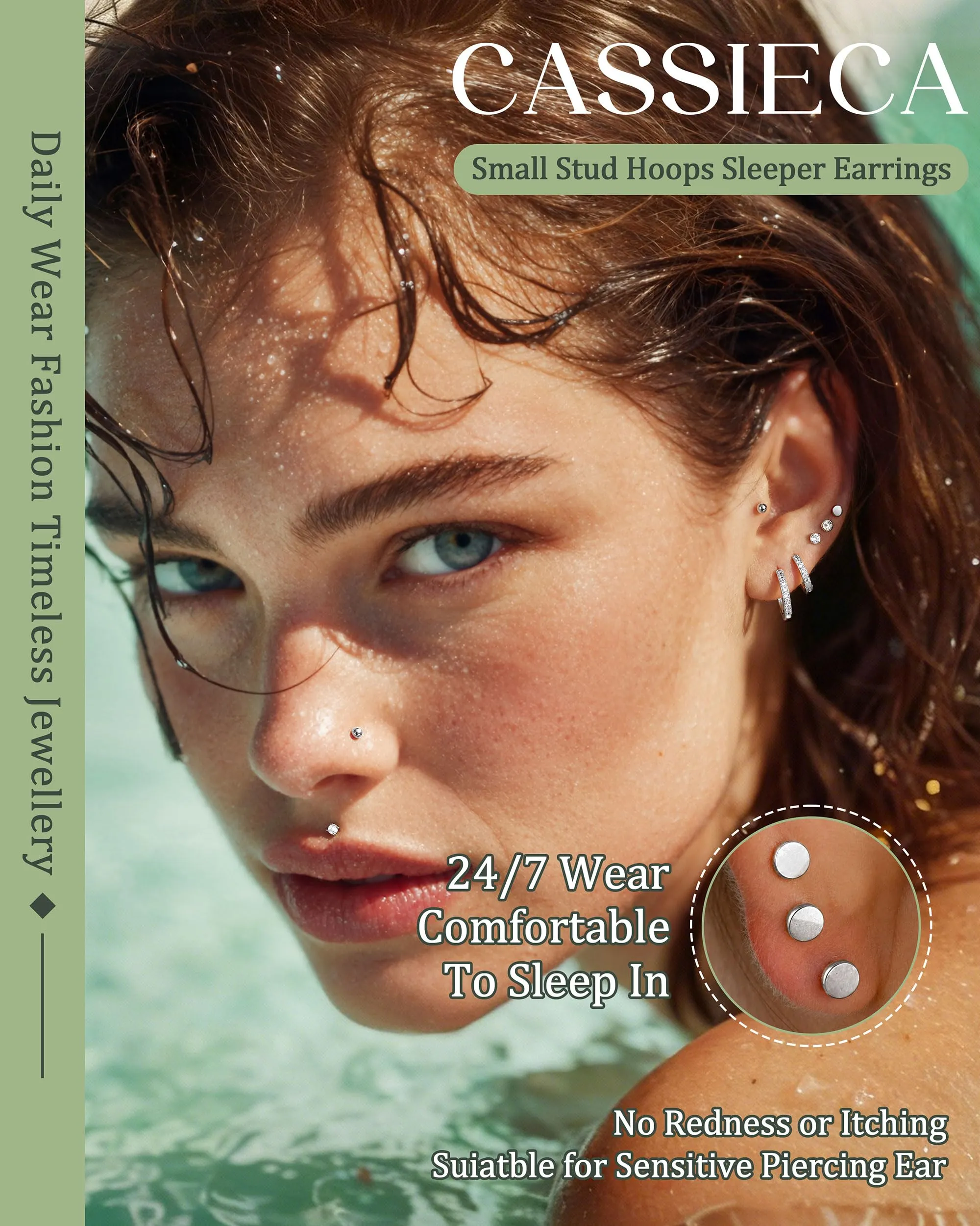 CASSIECA Set 12 Paia Orecchini in Acciaio Chirurgico 316L Argento per Piercing Helix Trago Conch - immagine 3