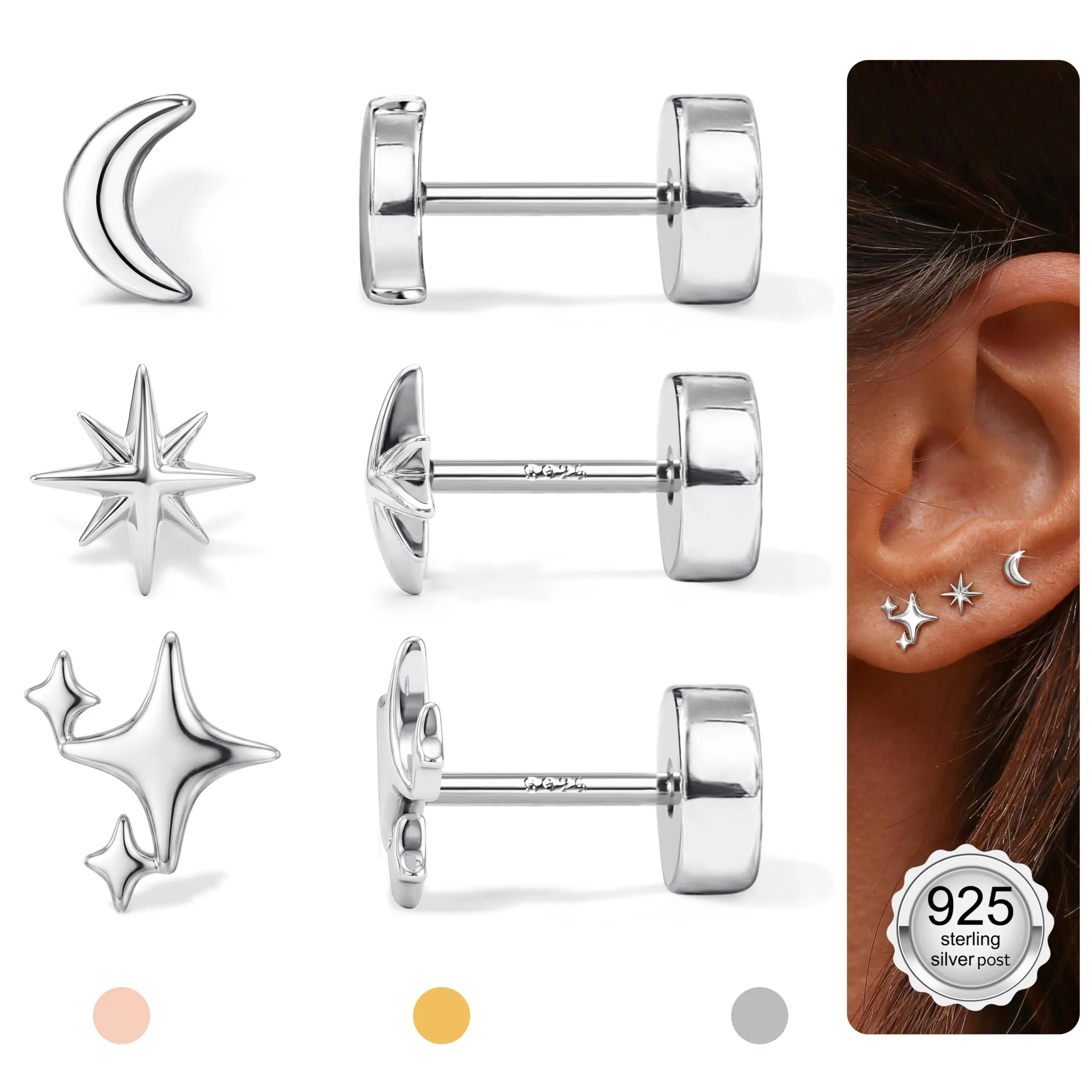 Finrezio Set di 3 Paia di Orecchini a Perni in Argento 925 con Motivi Stella, Luna e Sole - immagine 2
