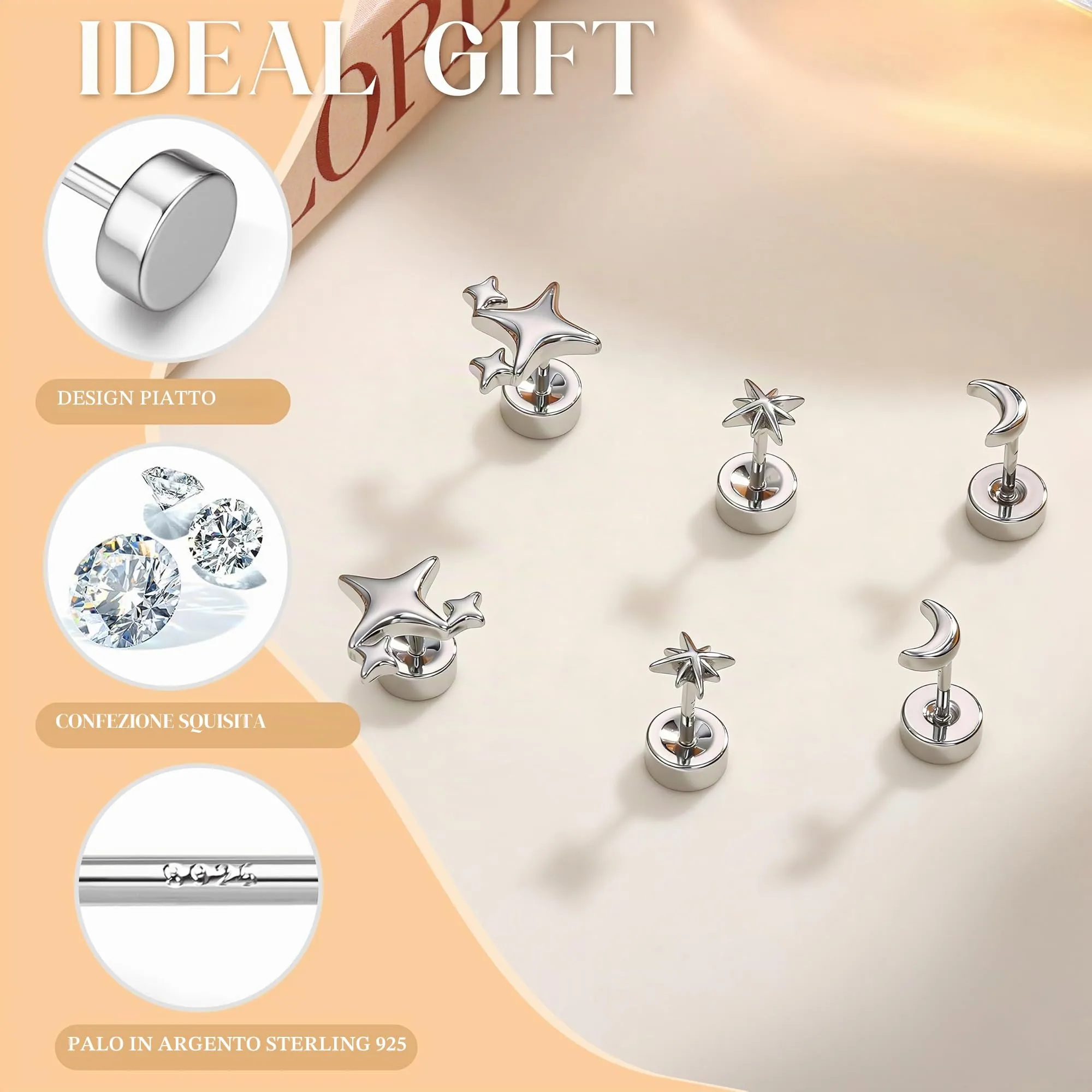 Finrezio Set di 3 Paia di Orecchini a Perni in Argento 925 con Motivi Stella, Luna e Sole - immagine 3