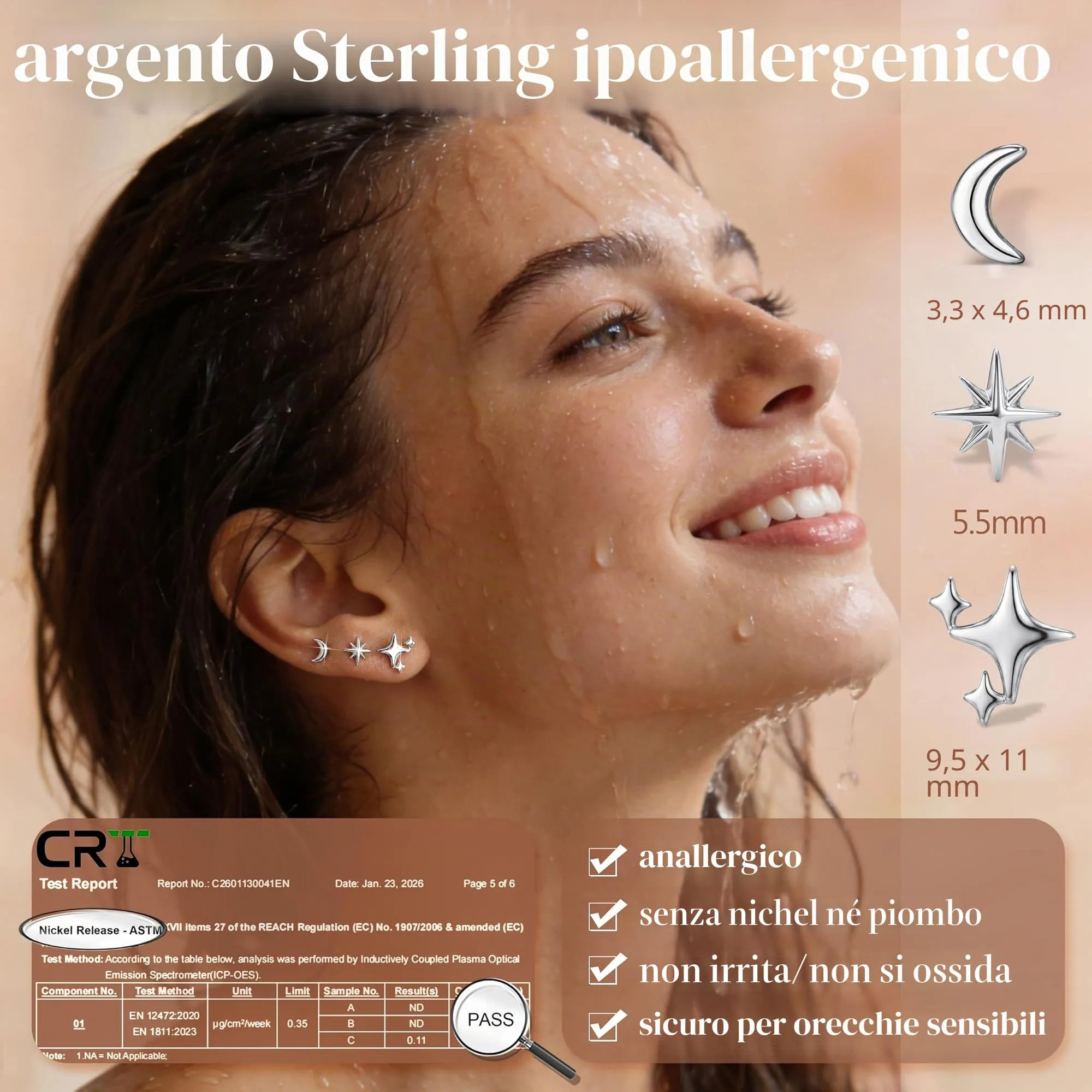 Finrezio Set di 3 Paia di Orecchini a Perni in Argento 925 con Motivi Stella, Luna e Sole - immagine 4