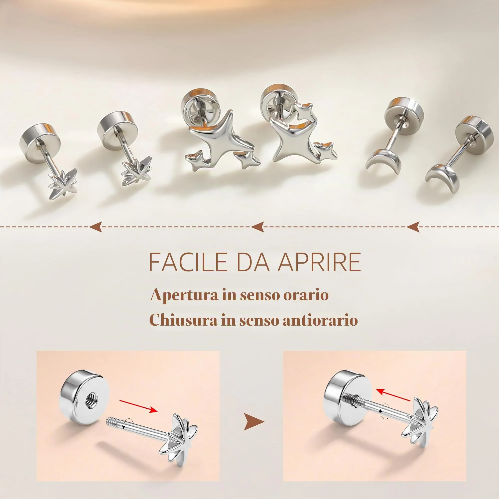 Finrezio Set di 3 Paia di Orecchini a Perni in Argento 925 con Motivi Stella, Luna e Sole - immagine 6
