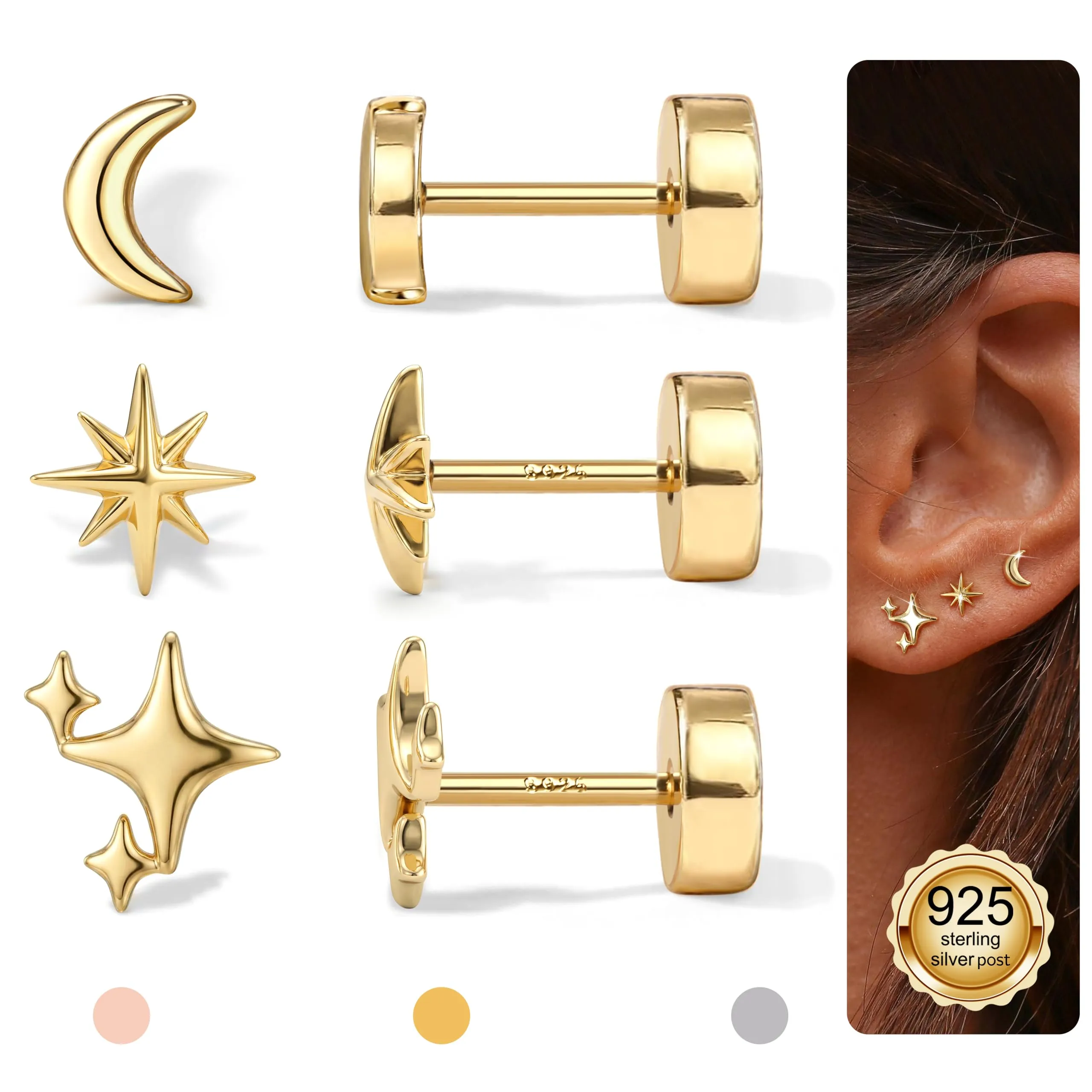 Finrezio Set 3 Paia Orecchini a Lobo Stella Luna e Sole in Argento 925 Placcato Oro 16 Carati - immagine 2