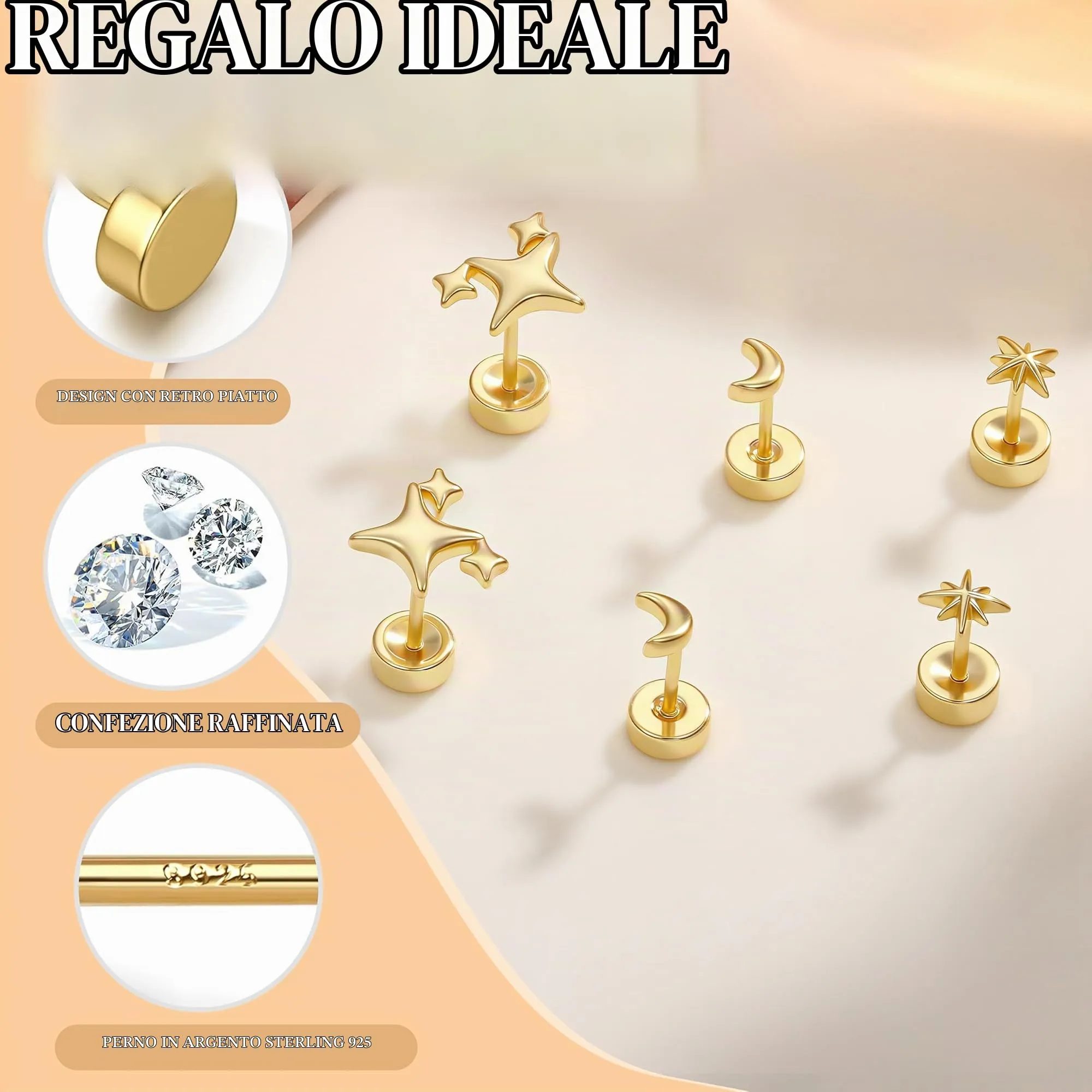 Finrezio Set 3 Paia Orecchini a Lobo Stella Luna e Sole in Argento 925 Placcato Oro 16 Carati - immagine 3