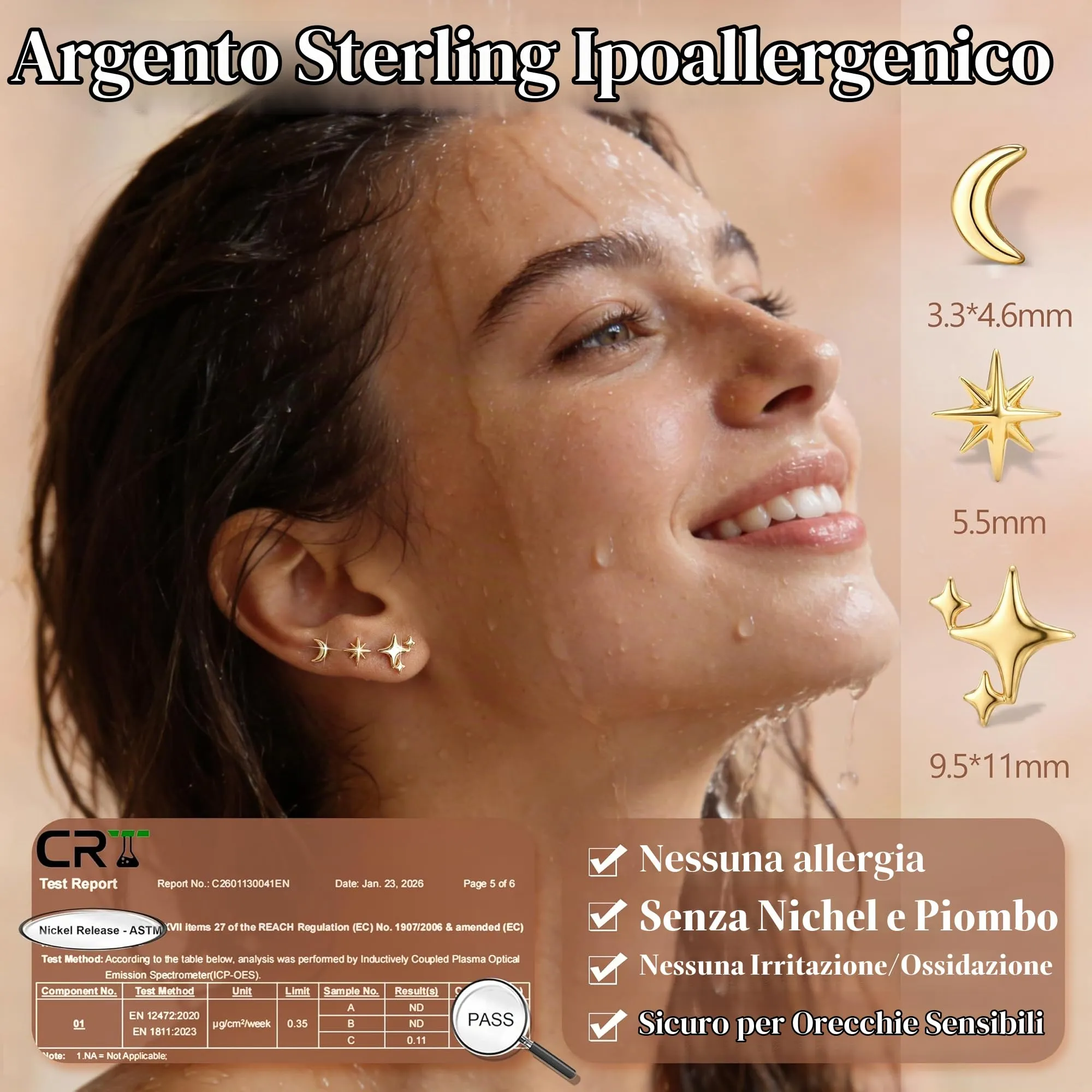 Finrezio Set 3 Paia Orecchini a Lobo Stella Luna e Sole in Argento 925 Placcato Oro 16 Carati - immagine 4