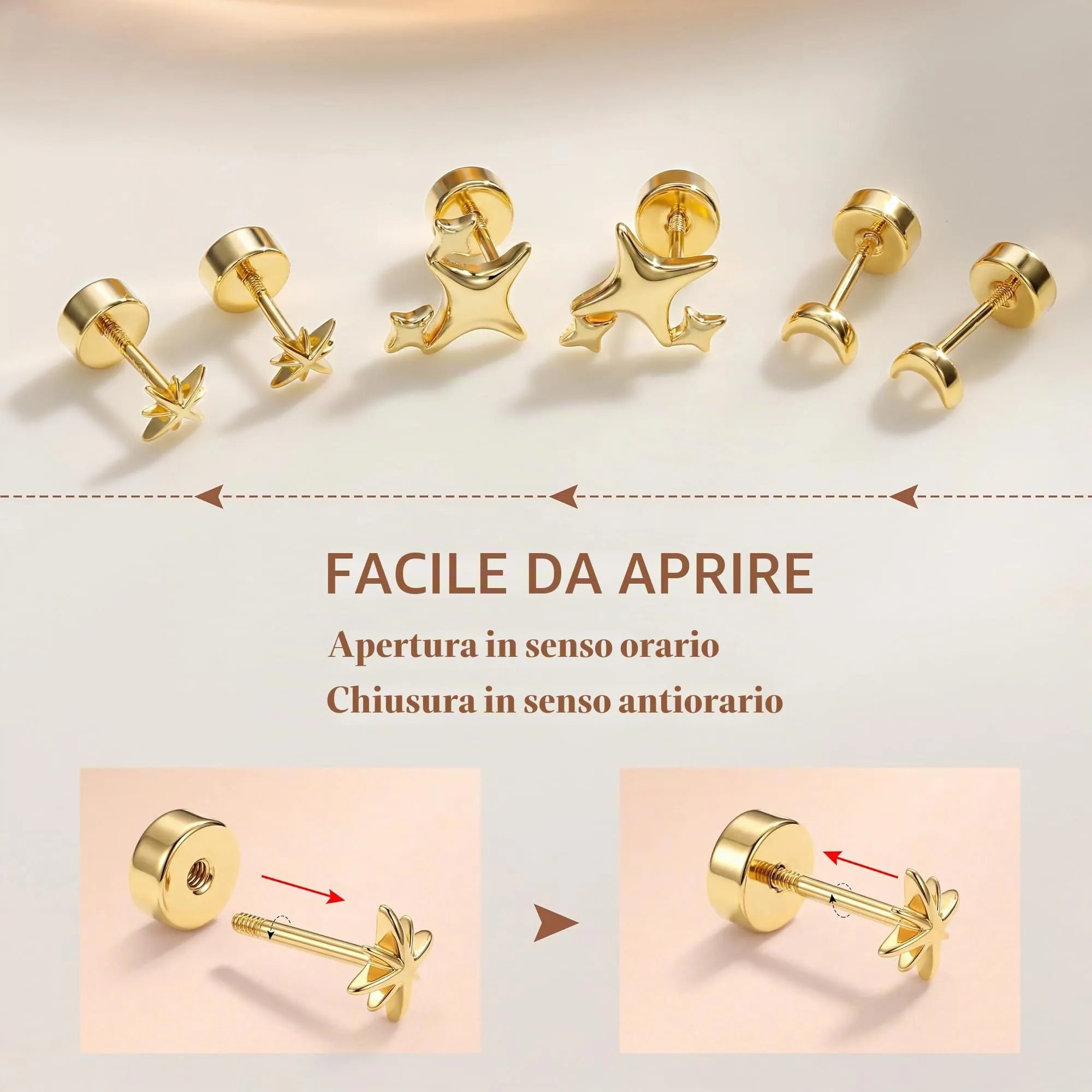 Finrezio Set 3 Paia Orecchini a Lobo Stella Luna e Sole in Argento 925 Placcato Oro 16 Carati - immagine 6