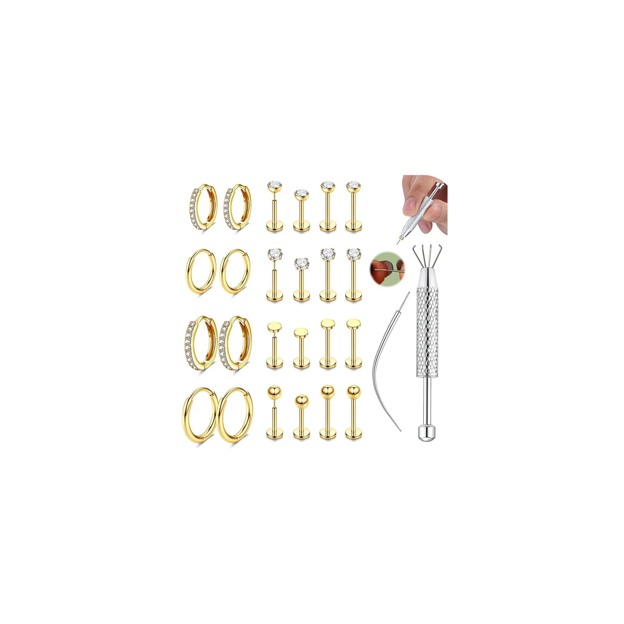 CASSIECA 12 Paia Orecchini Donna in Acciaio Chirurgico Oro per Piercing Helix Trago Conch - immagine 1