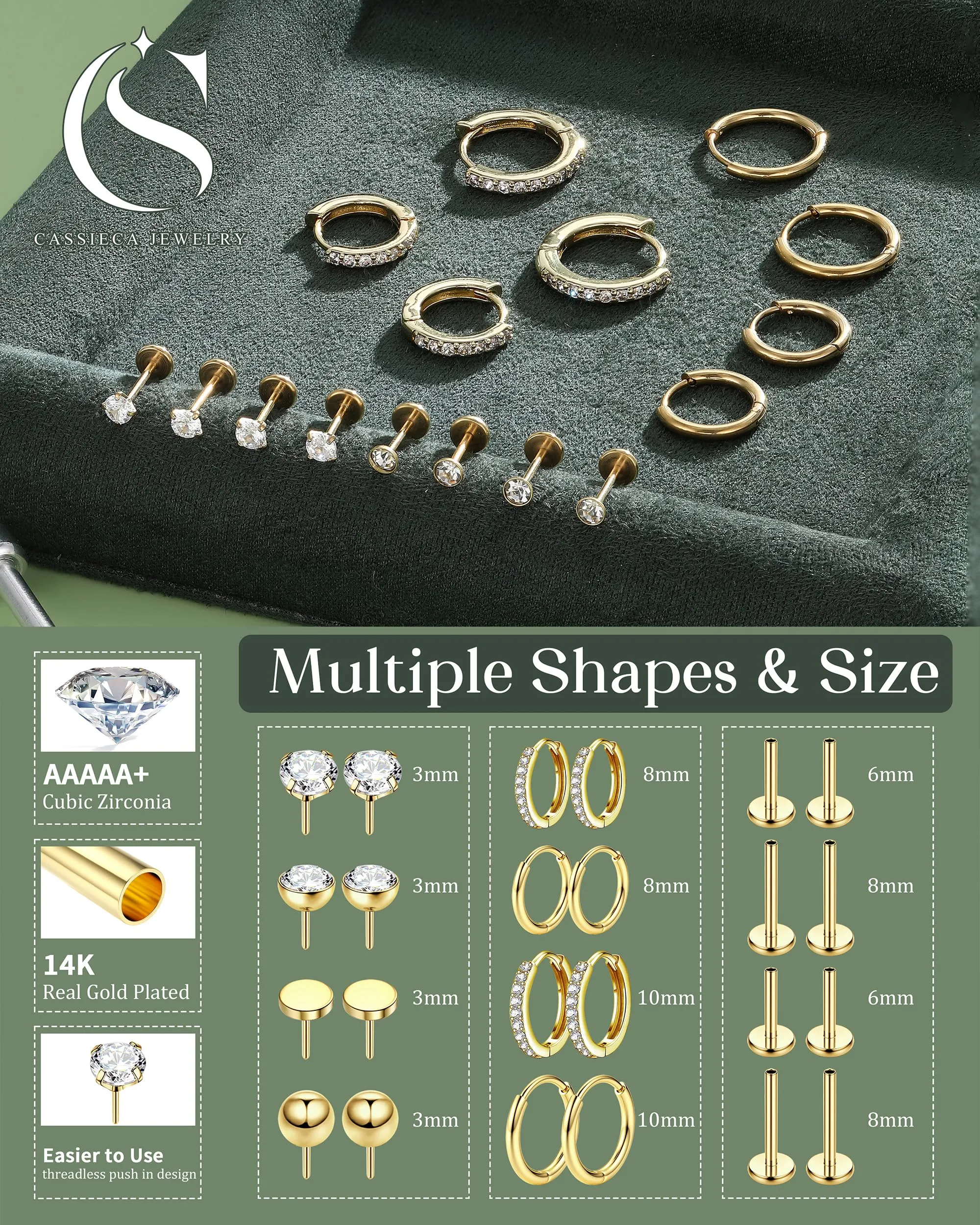 CASSIECA 12 Paia Orecchini Donna in Acciaio Chirurgico Oro per Piercing Helix Trago Conch - immagine 2