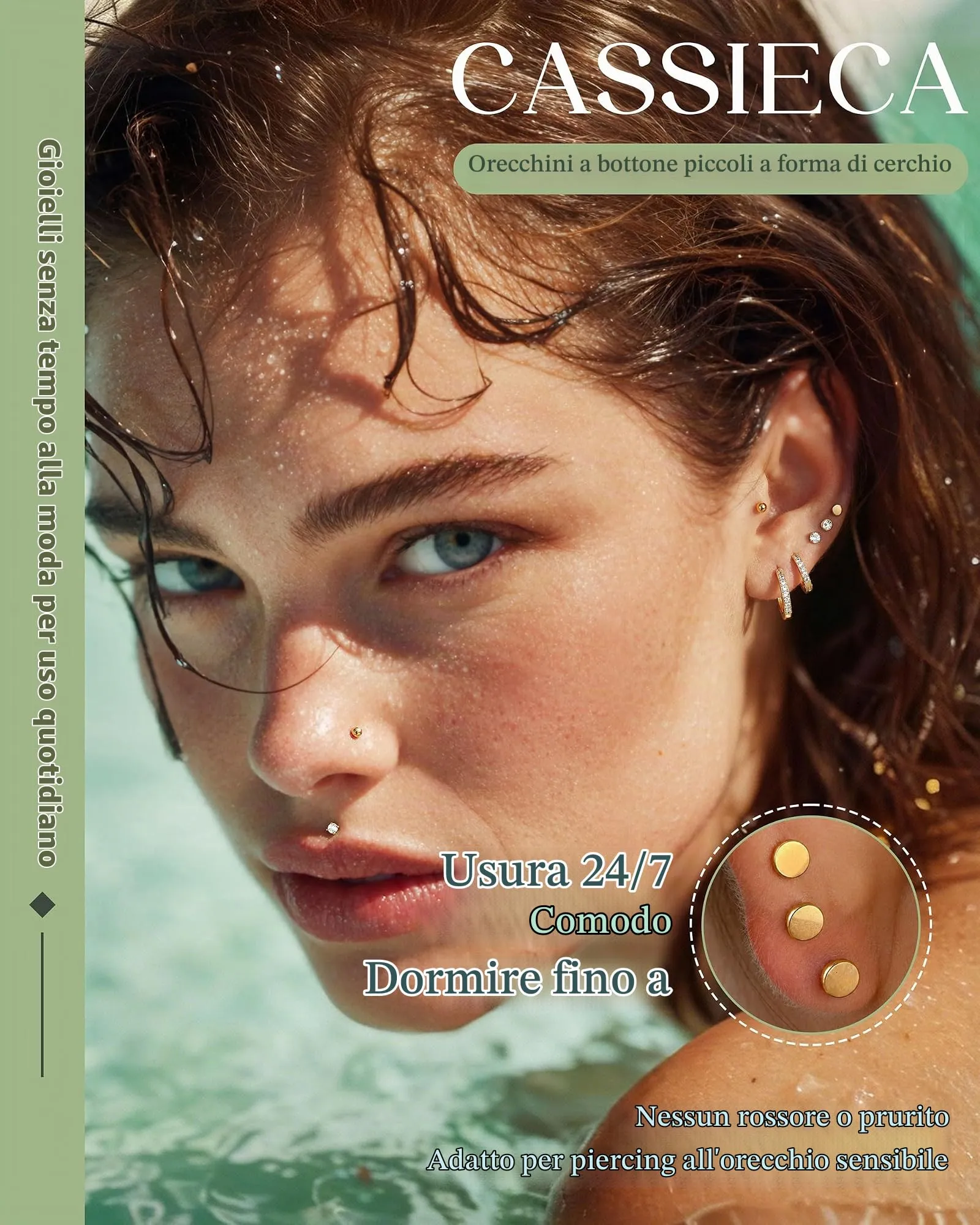 CASSIECA 12 Paia Orecchini Donna in Acciaio Chirurgico Oro per Piercing Helix Trago Conch - immagine 3