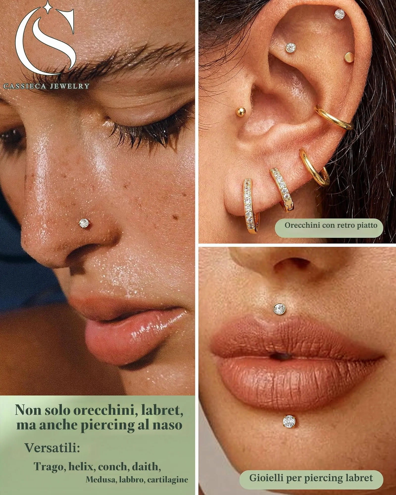 CASSIECA 12 Paia Orecchini Donna in Acciaio Chirurgico Oro per Piercing Helix Trago Conch - immagine 4