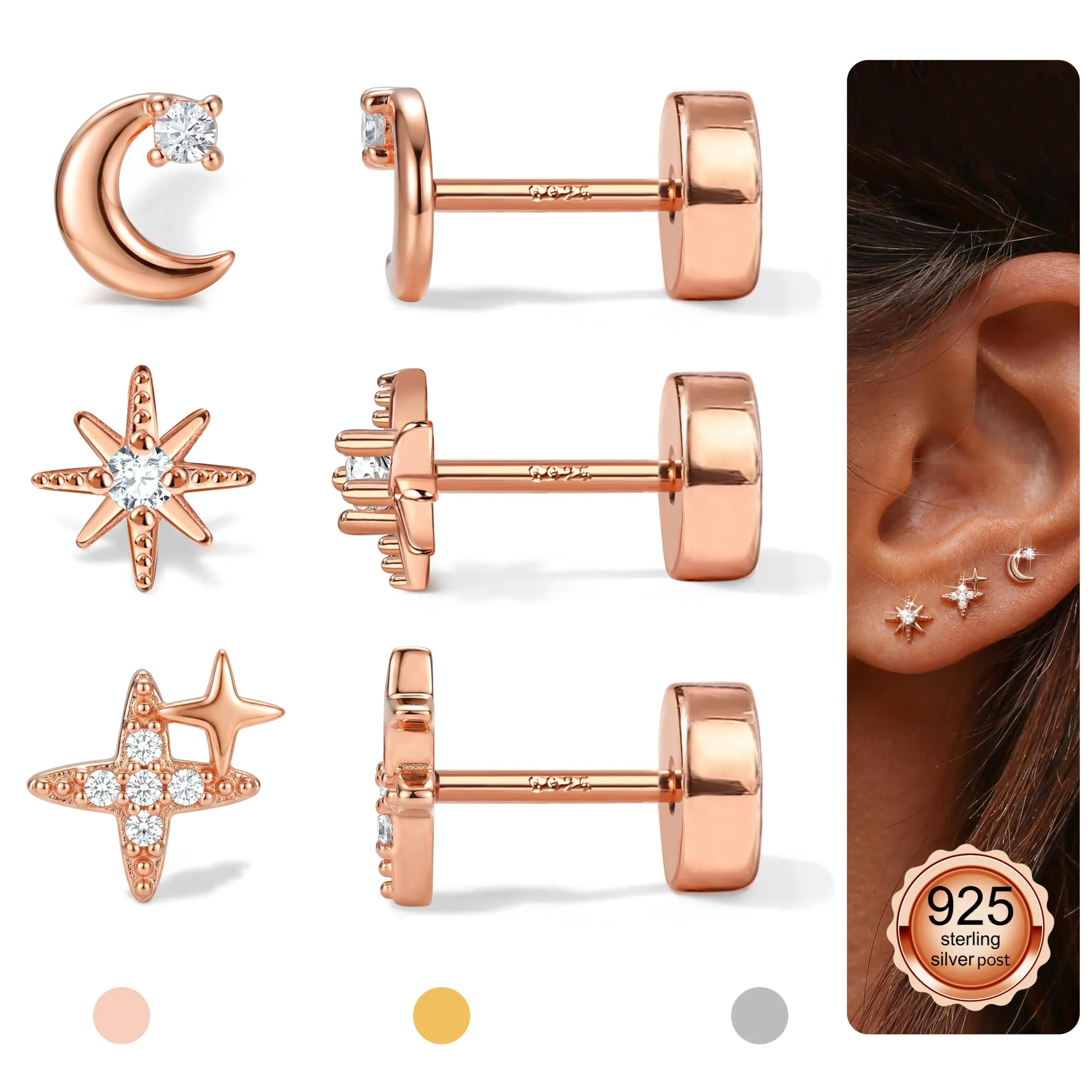 Finrezio Orecchini Donna Stella Luna e Sole, Argento 925 Placcato Oro Rosa, Set da 3 Paia - immagine 2