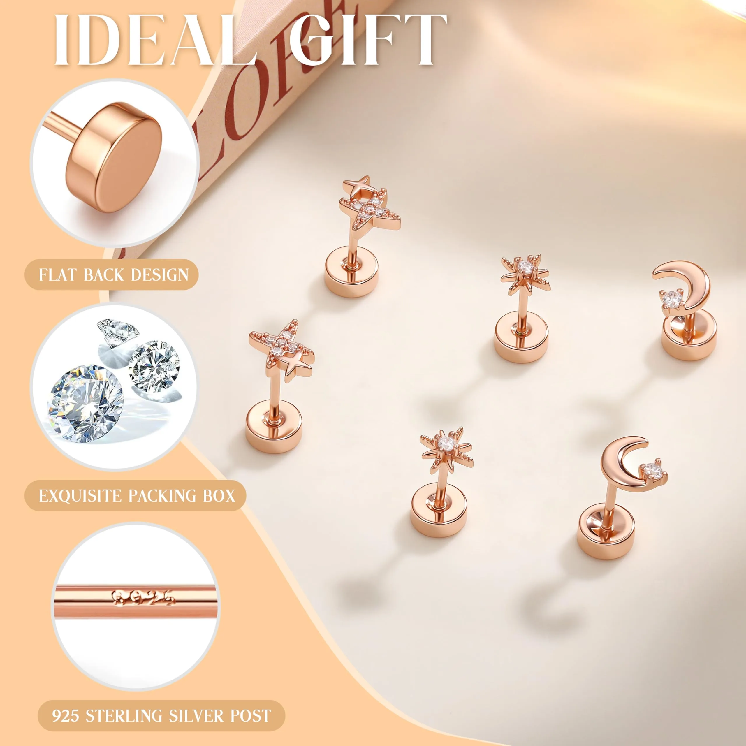 Finrezio Orecchini Donna Stella Luna e Sole, Argento 925 Placcato Oro Rosa, Set da 3 Paia - immagine 5