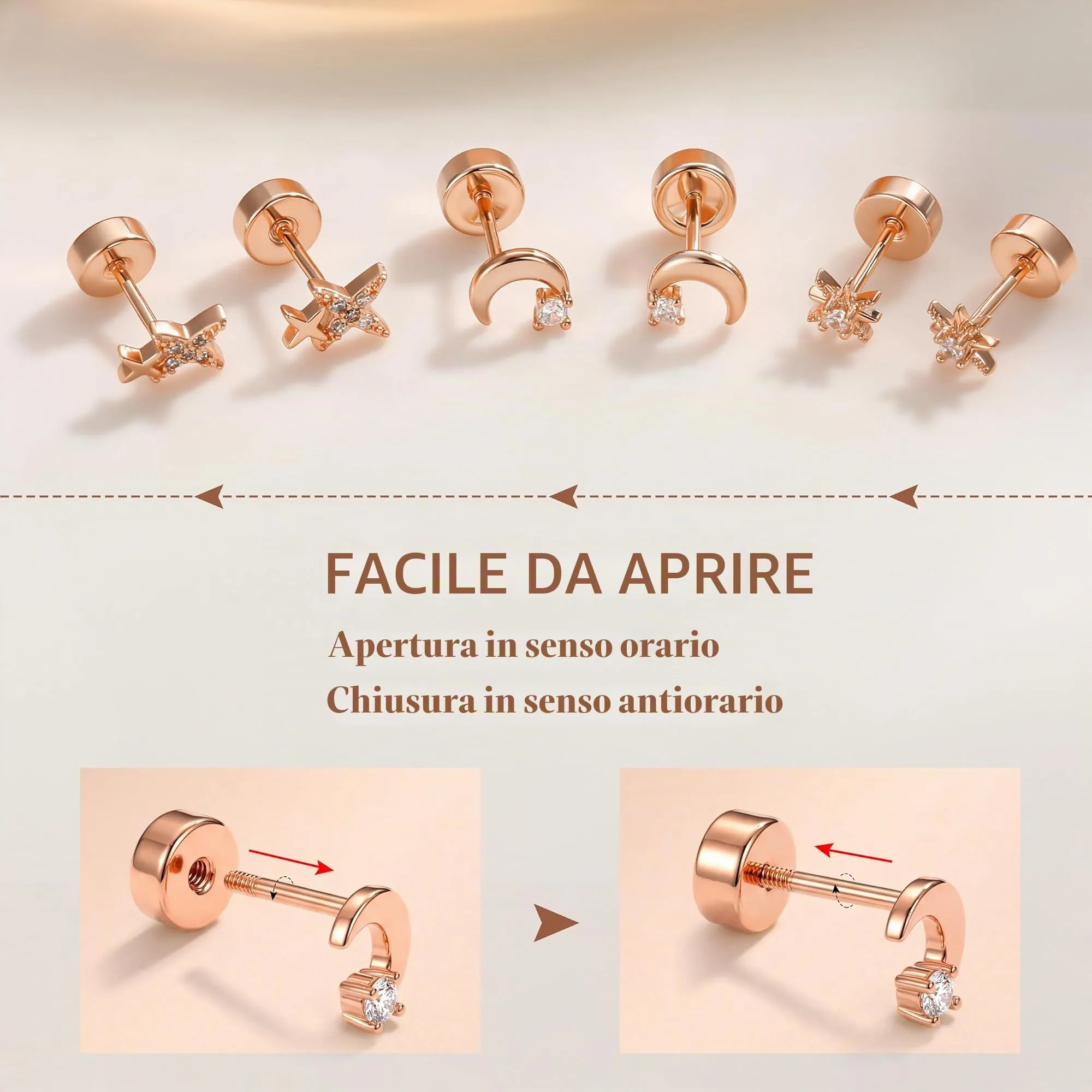 Finrezio Orecchini Donna Stella Luna e Sole, Argento 925 Placcato Oro Rosa, Set da 3 Paia - immagine 6