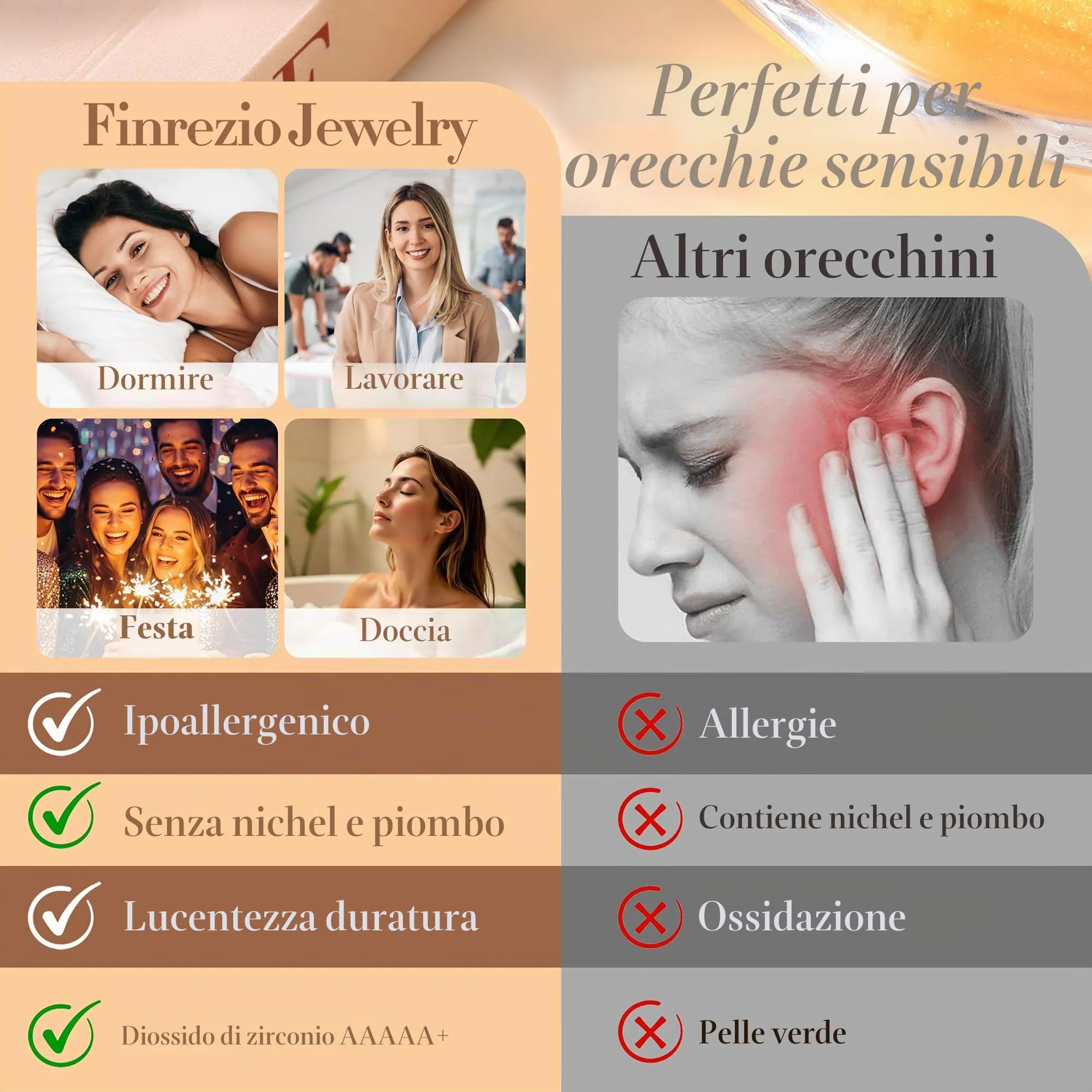 Finrezio Orecchini Donna Stella Luna e Sole, Argento 925 Placcato Oro Rosa, Set da 3 Paia - immagine 7