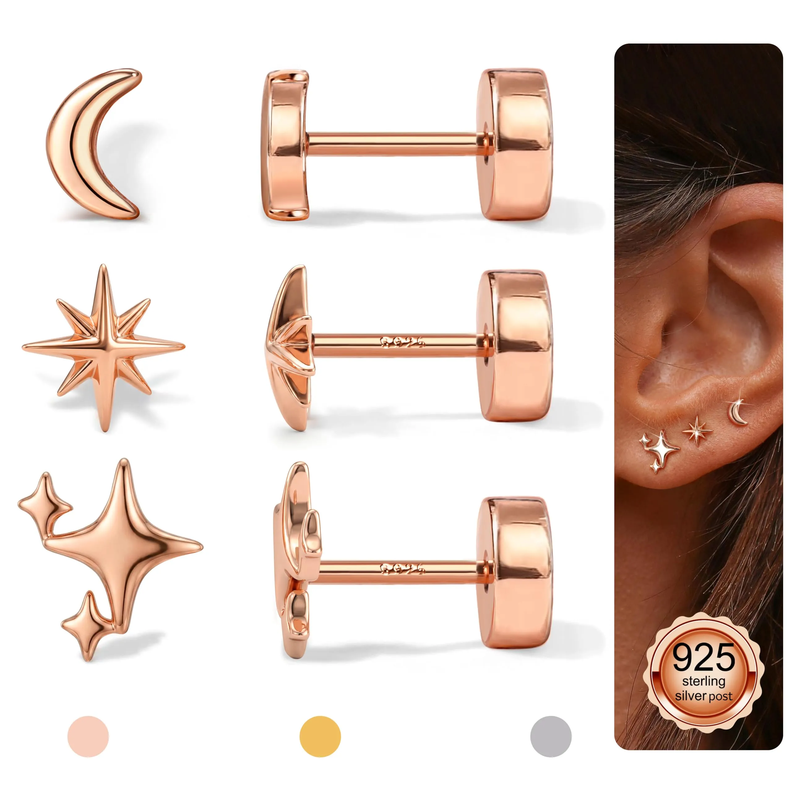 Finrezio Orecchini Donna in Argento 925 Placcato Oro Rosa, Set da 3 Paia Stella Luna e Sole - immagine 2