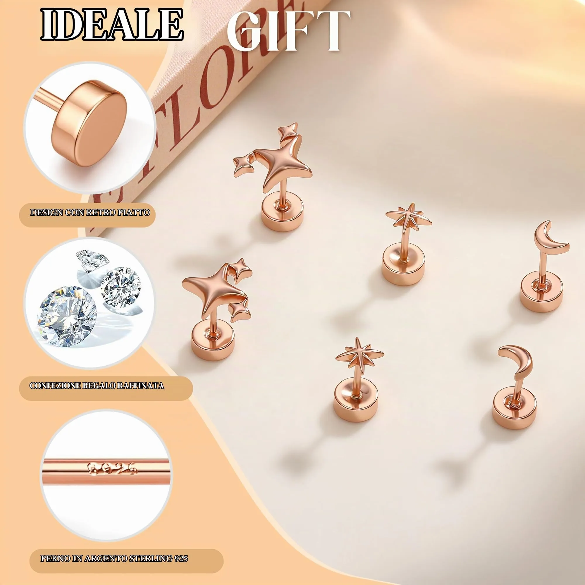 Finrezio Orecchini Donna in Argento 925 Placcato Oro Rosa, Set da 3 Paia Stella Luna e Sole - immagine 3