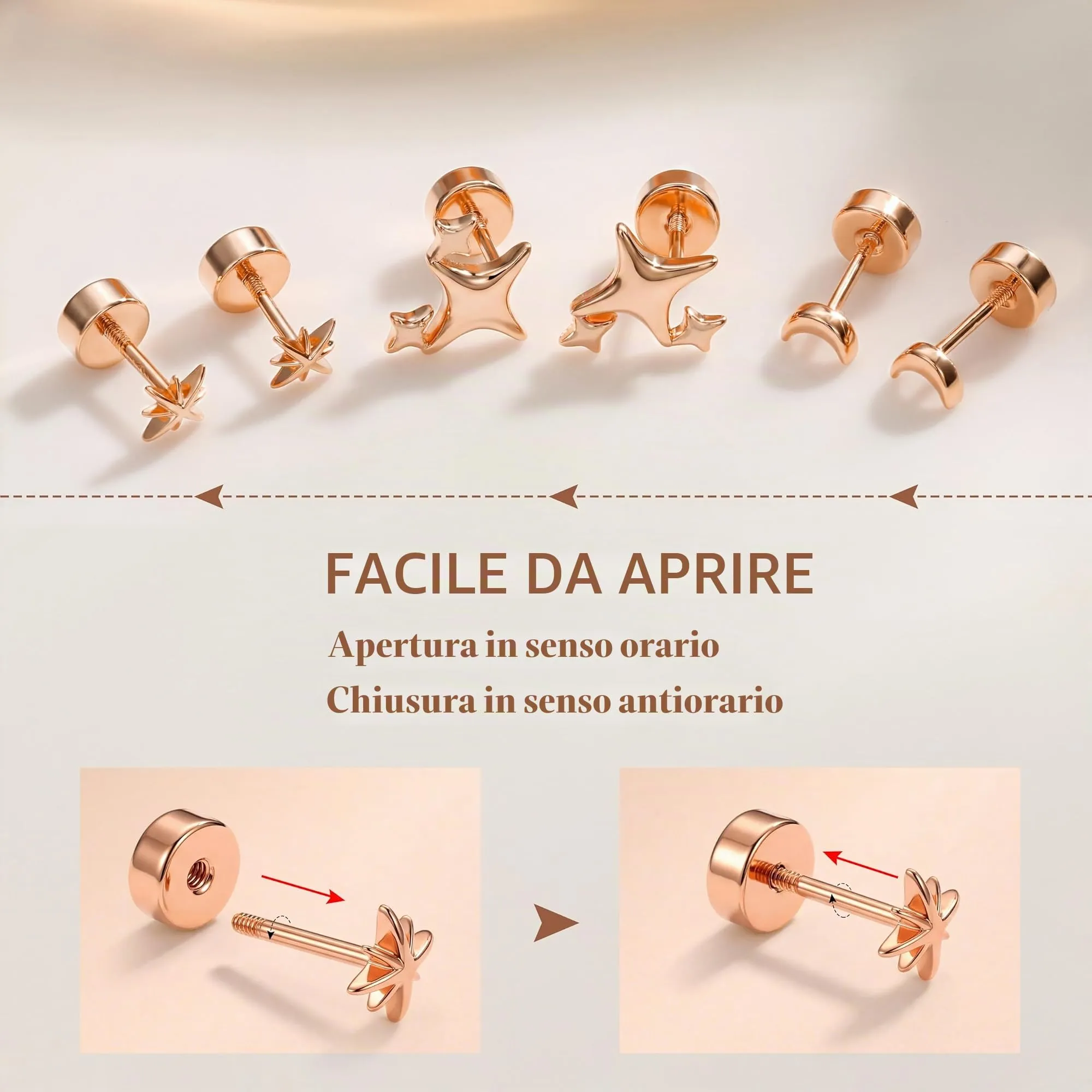 Finrezio Orecchini Donna in Argento 925 Placcato Oro Rosa, Set da 3 Paia Stella Luna e Sole - immagine 6