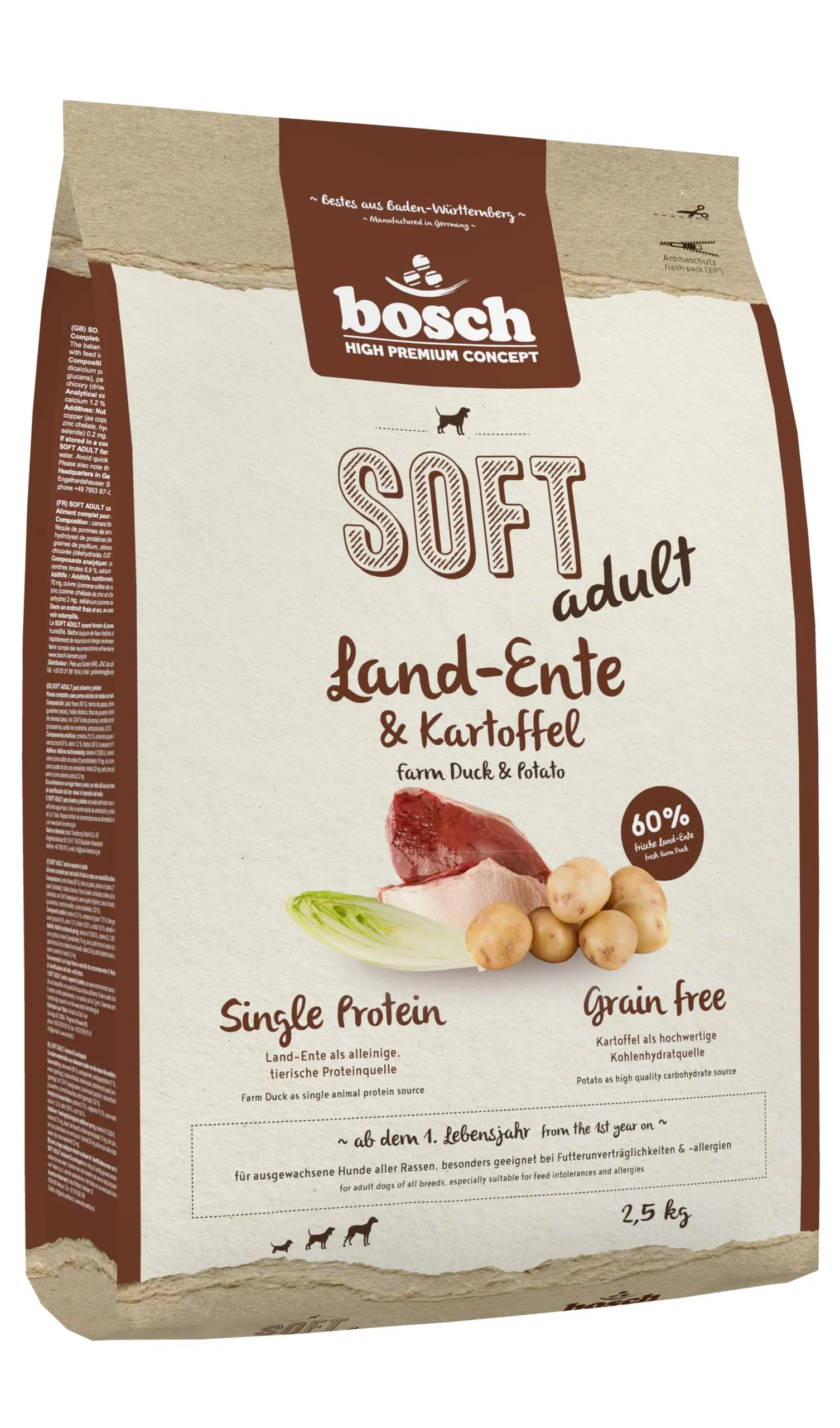 Bosch HPC Soft Terra Anatra e Patata Cibo Semi-umido per Cani Adulti, Senza Cereali, 2500 g - immagine 1