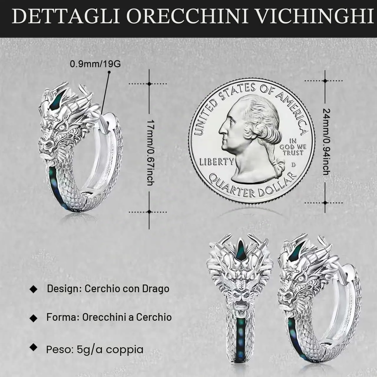 Odinstone Orecchini a Cerchio Drago Vichingo in Argento e Abalone, 17 mm - immagine 2