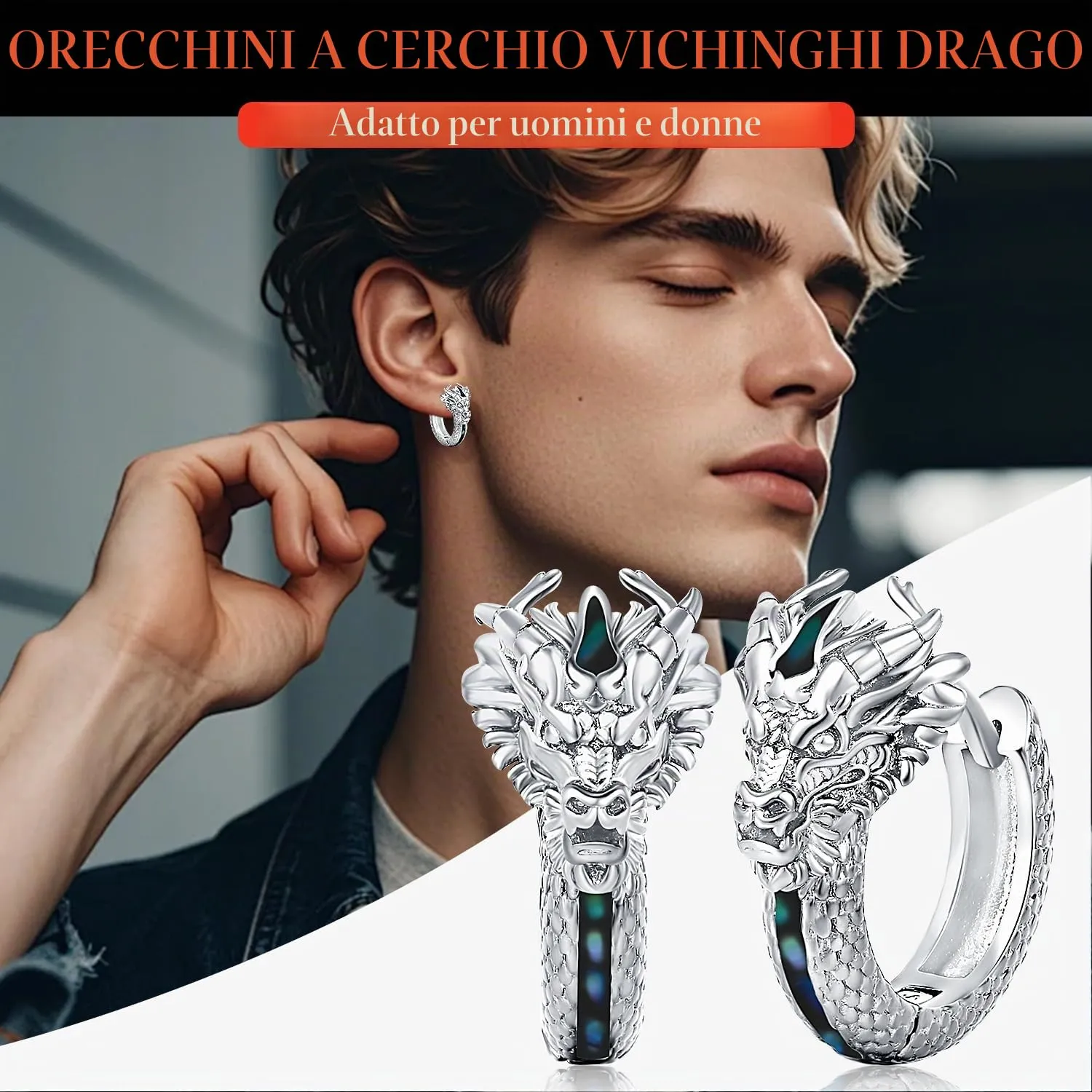 Odinstone Orecchini a Cerchio Drago Vichingo in Argento e Abalone, 17 mm - immagine 3