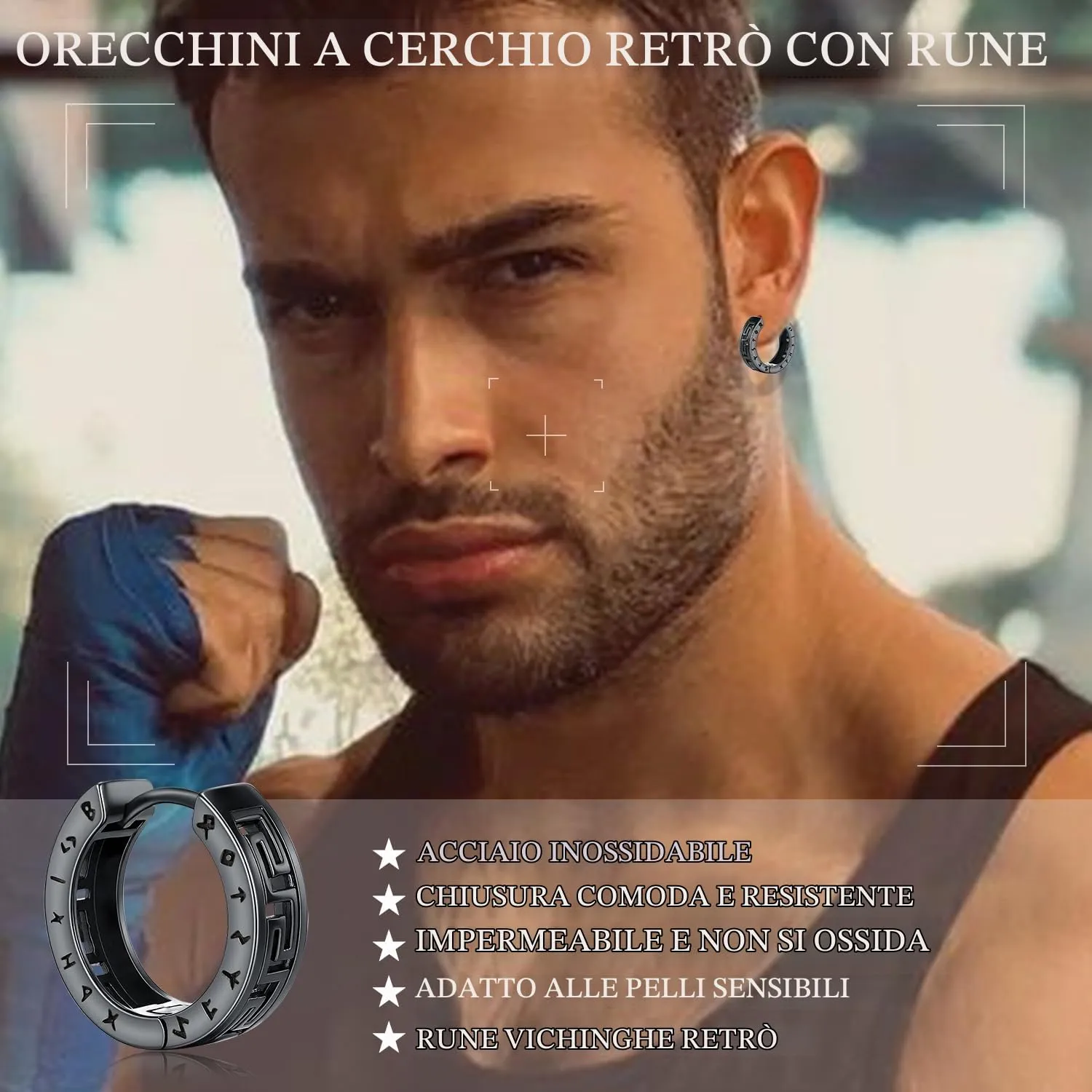 Odinstone Orecchini a Cerchio Vichinghi con Rune in Acciaio Inossidabile, Nero, 15 mm - immagine 3