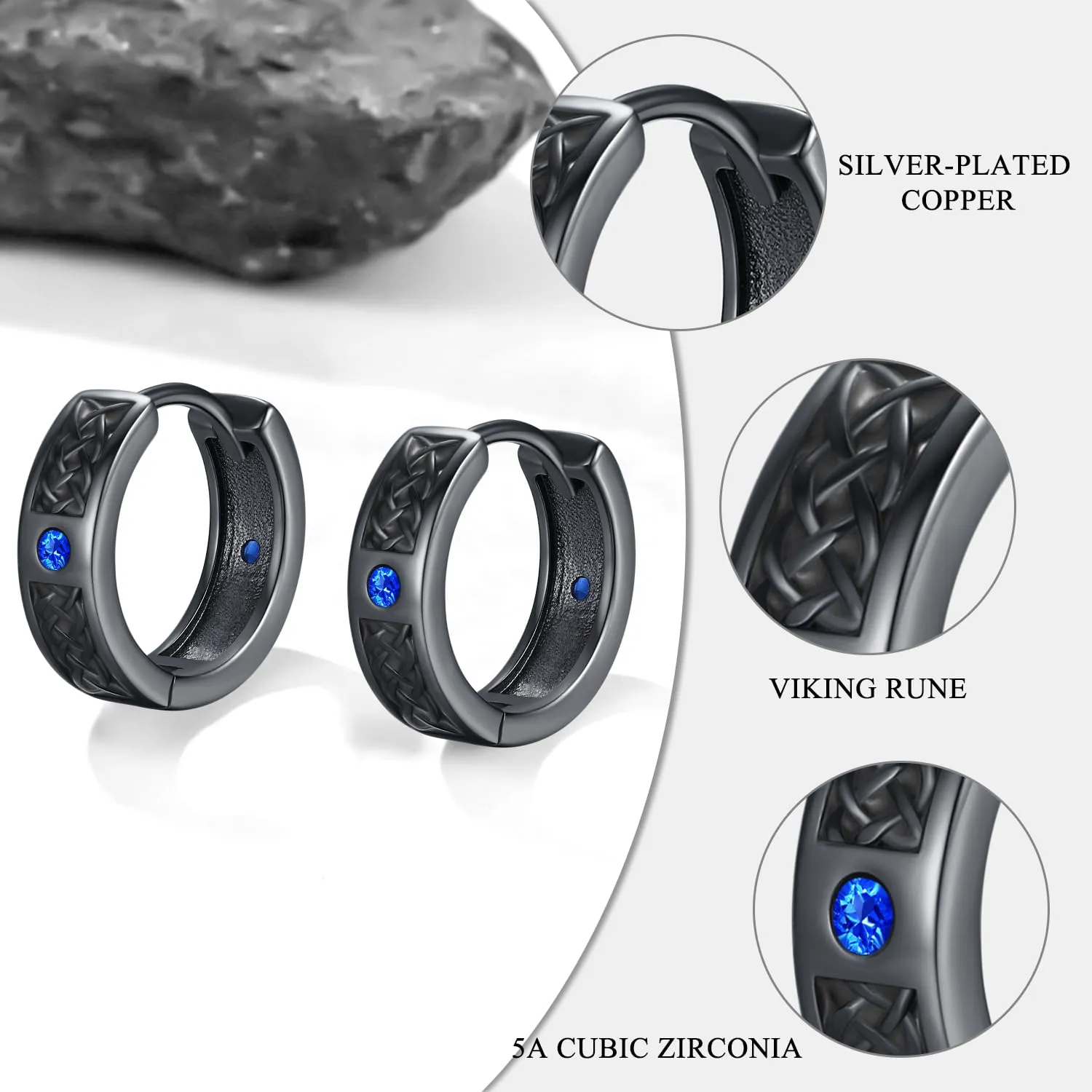 Odinstone Orecchini a Cerchio Viking con Rune, Nero Blu, 15 mm - immagine 3
