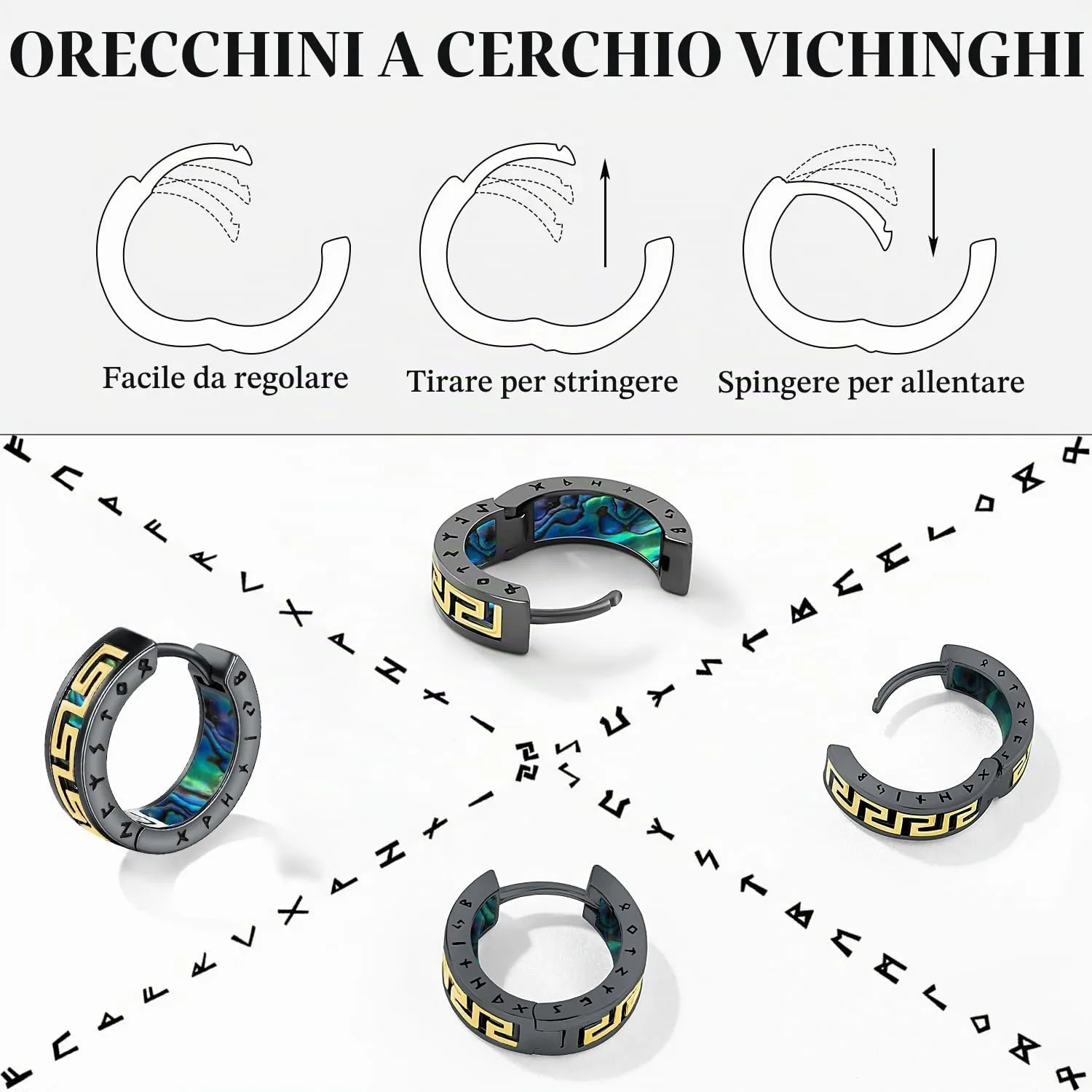 Odinstone Orecchini a Cerchio Vichinghi con Rune in Acciaio Inossidabile, Placcato Oro e Nero - immagine 6