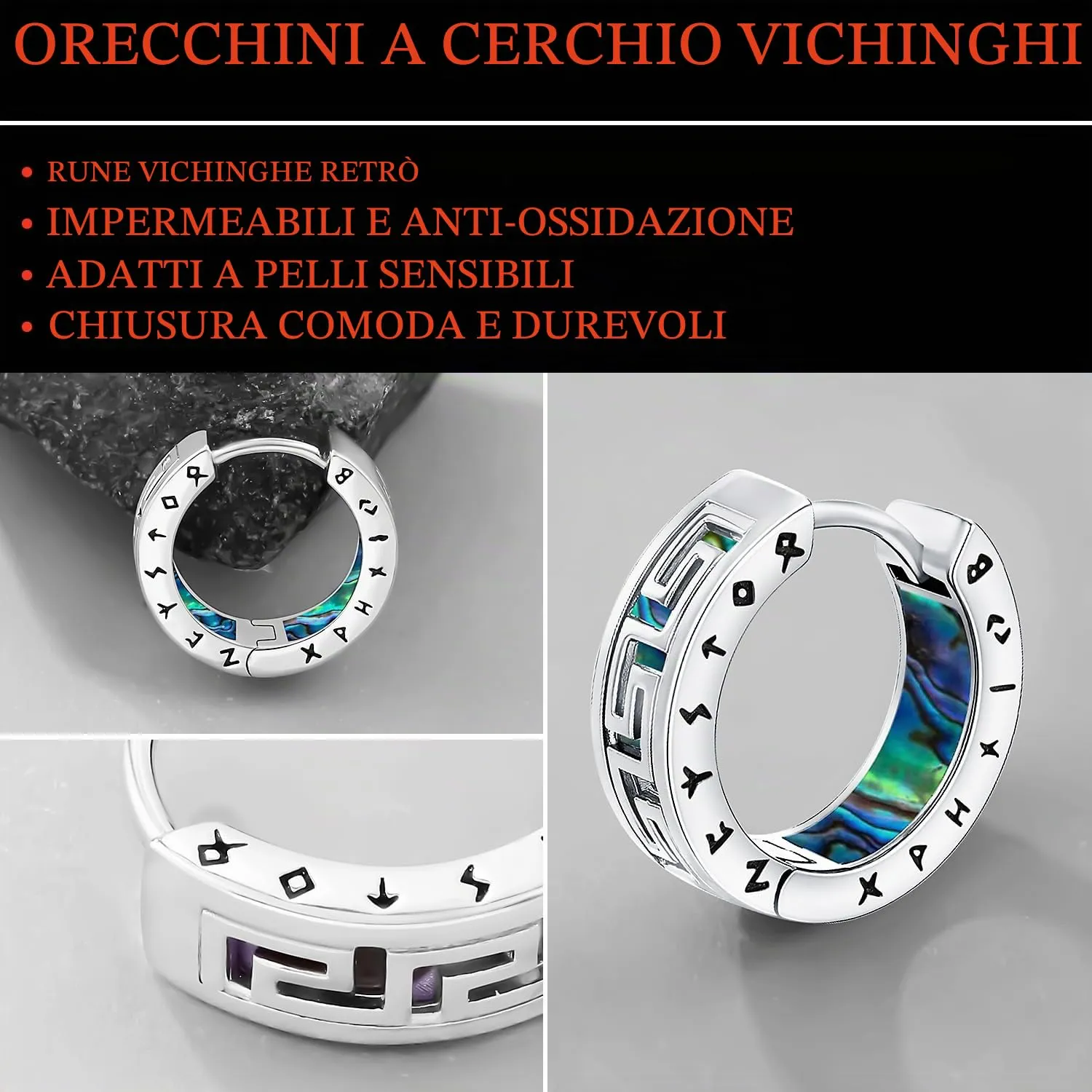 Odinstone Orecchini Creoli Viking Celtici in Rame Argentato e Abalone, 15 mm - immagine 4