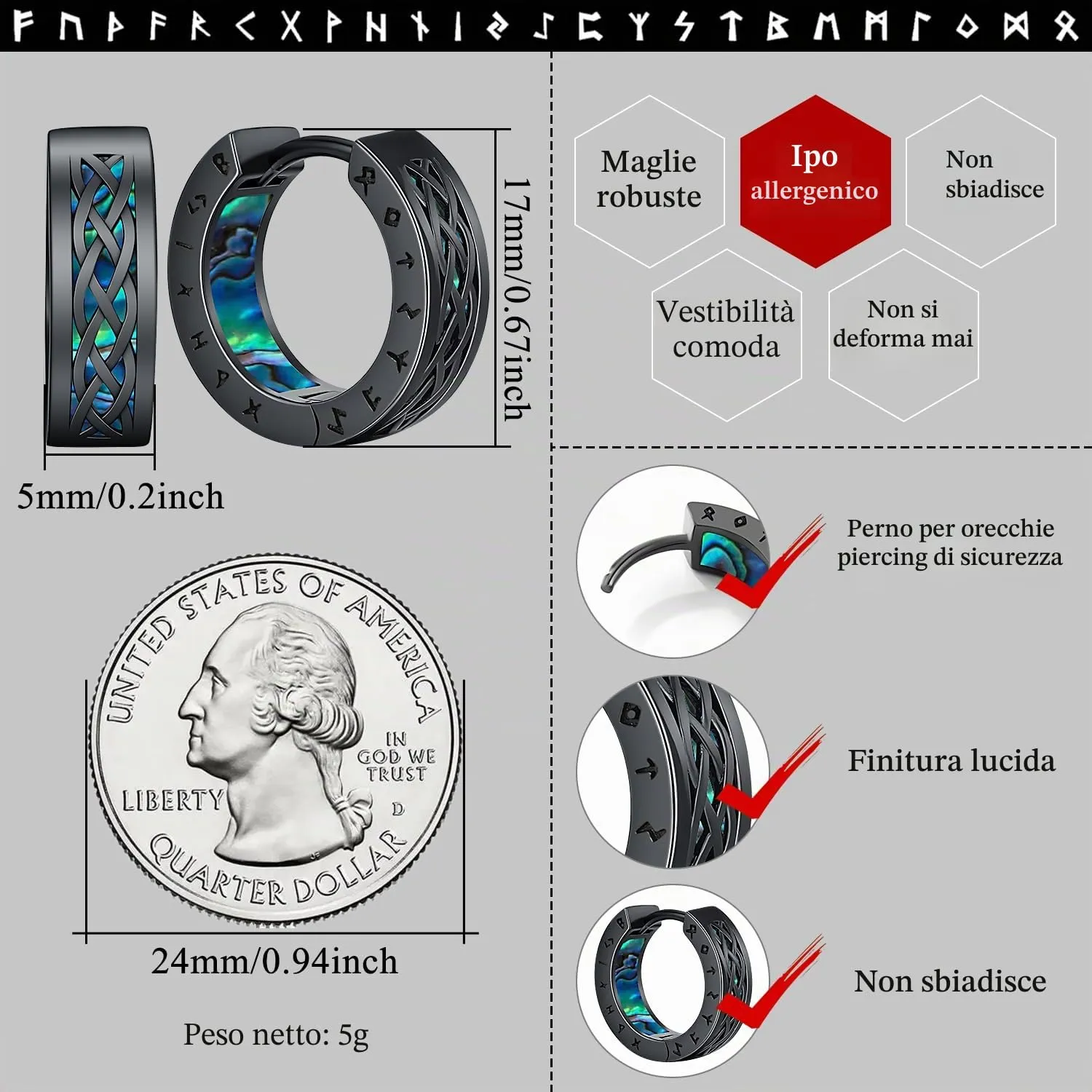 Odinstone Orecchini Creoli Viking Celtici Nero 17mm - immagine 2