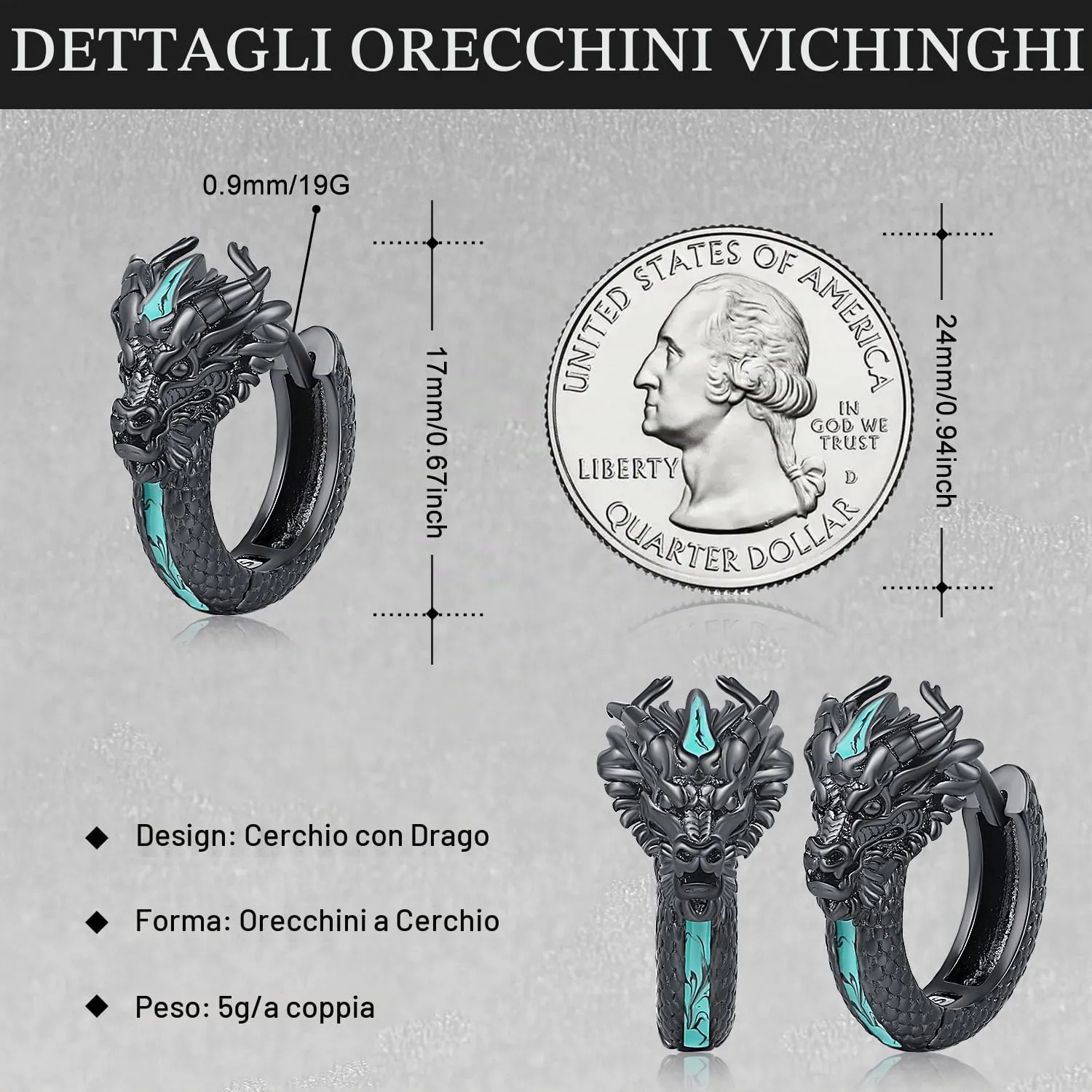 Odinstone Orecchini Drago Vichingo Cerchio Neri e Turchese, 17 mm - immagine 2