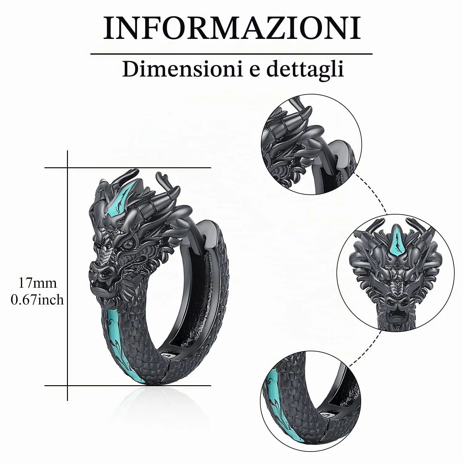 Odinstone Orecchini Drago Vichingo Cerchio Neri e Turchese, 17 mm - immagine 7