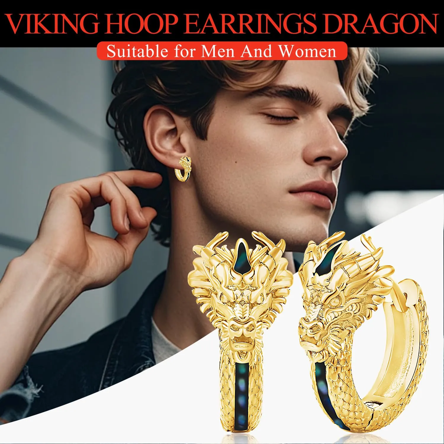 Odinstone Orecchini a Cerchio Drago Vichingo in Abalone e Oro, Gioielli Nordici Unisex - immagine 3