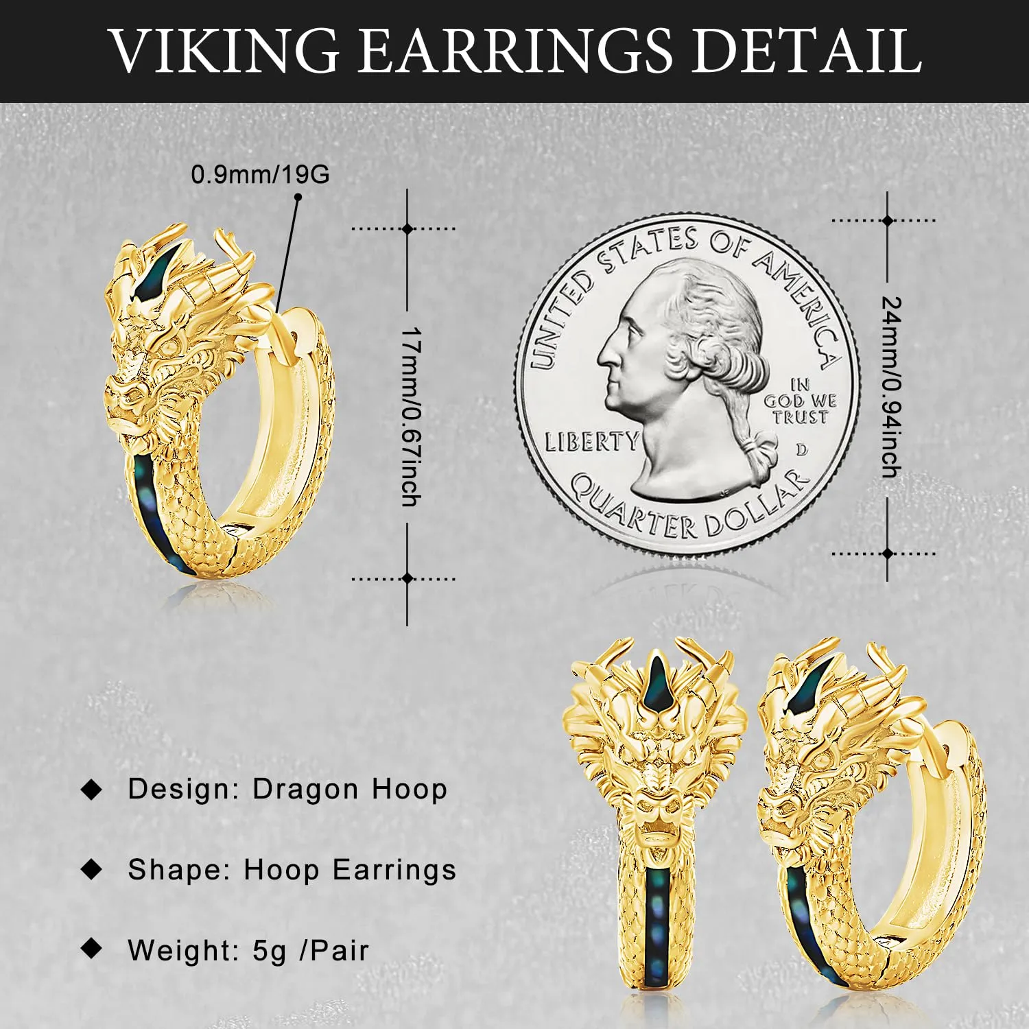 Odinstone Orecchini a Cerchio Drago Vichingo in Abalone e Oro, Gioielli Nordici Unisex - immagine 4