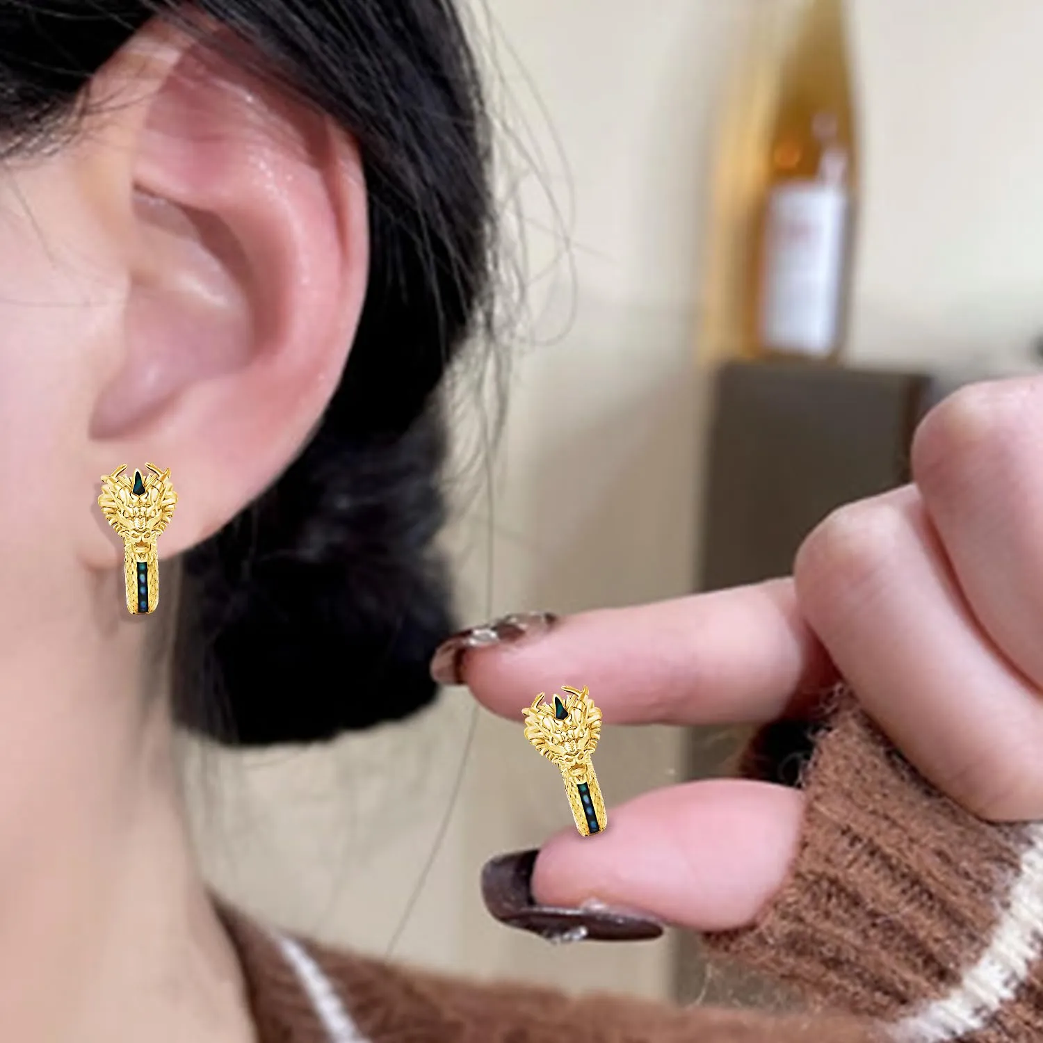 Odinstone Orecchini a Cerchio Drago Vichingo in Abalone e Oro, Gioielli Nordici Unisex - immagine 5