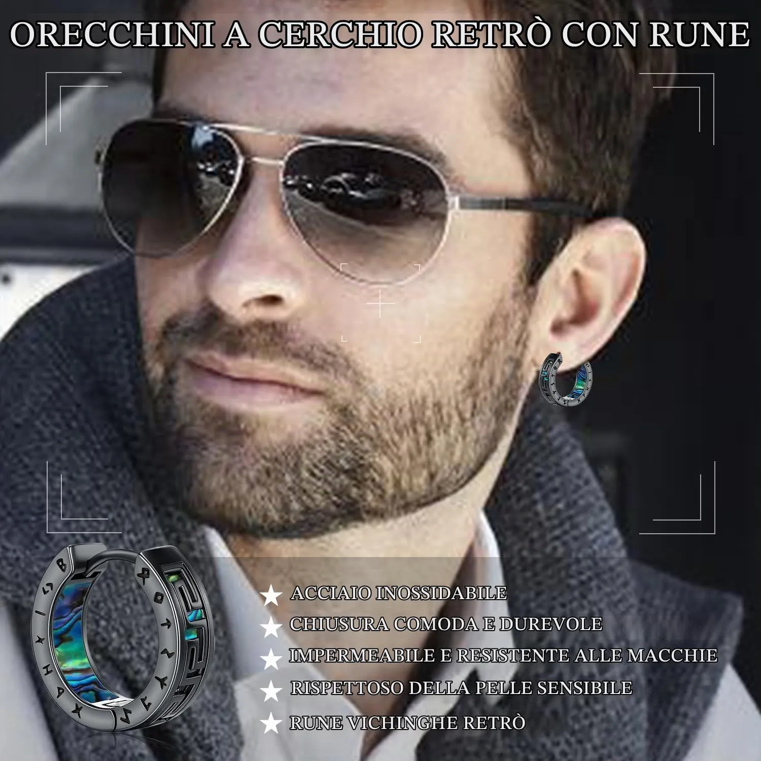 Odinstone Orecchini a Cerchio Viking Rune in Acciaio Inossidabile Nero, Stile Nordico Celtico per Uomo e Donna - immagine 3