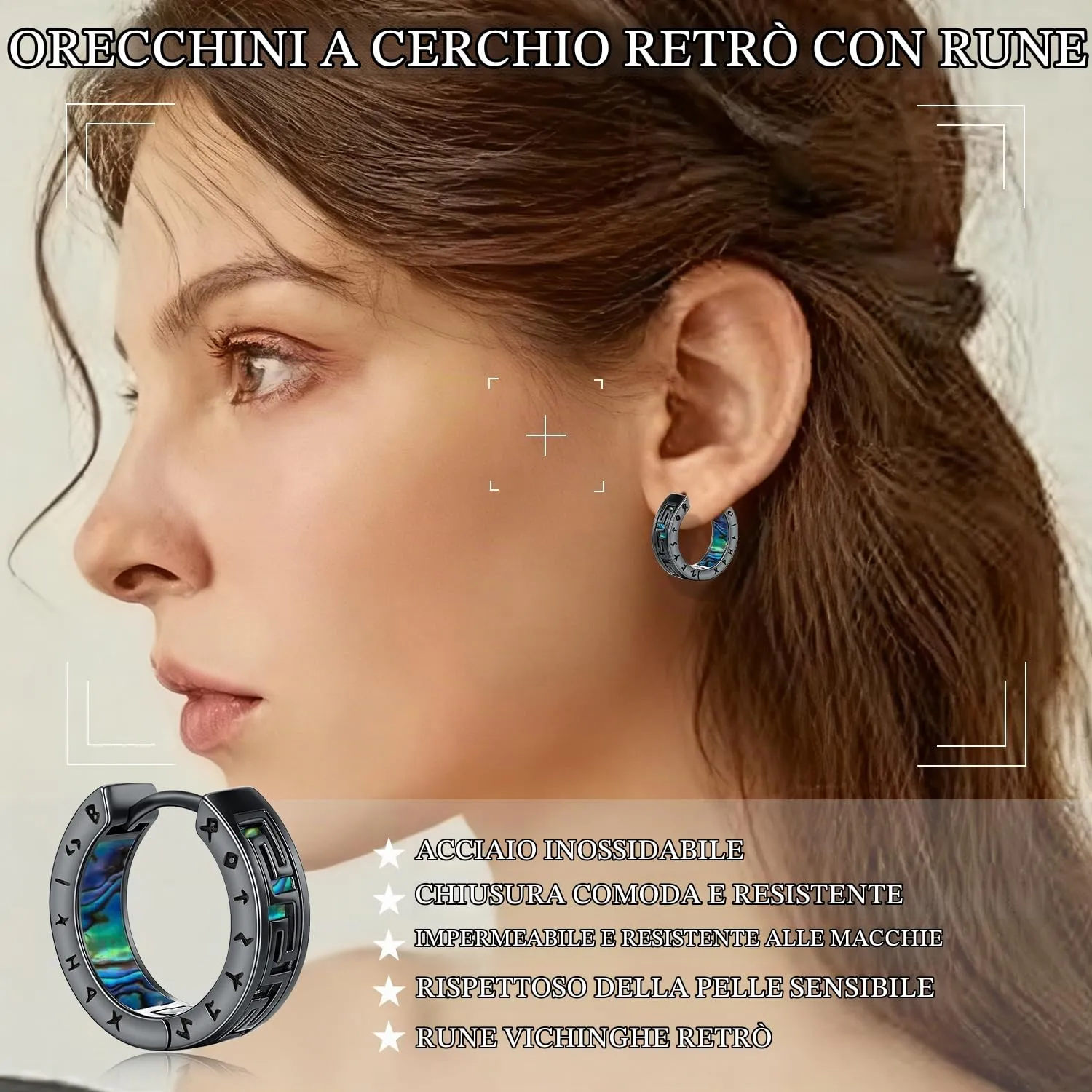 Odinstone Orecchini a Cerchio Viking Rune in Acciaio Inossidabile Nero, Stile Nordico Celtico per Uomo e Donna - immagine 4