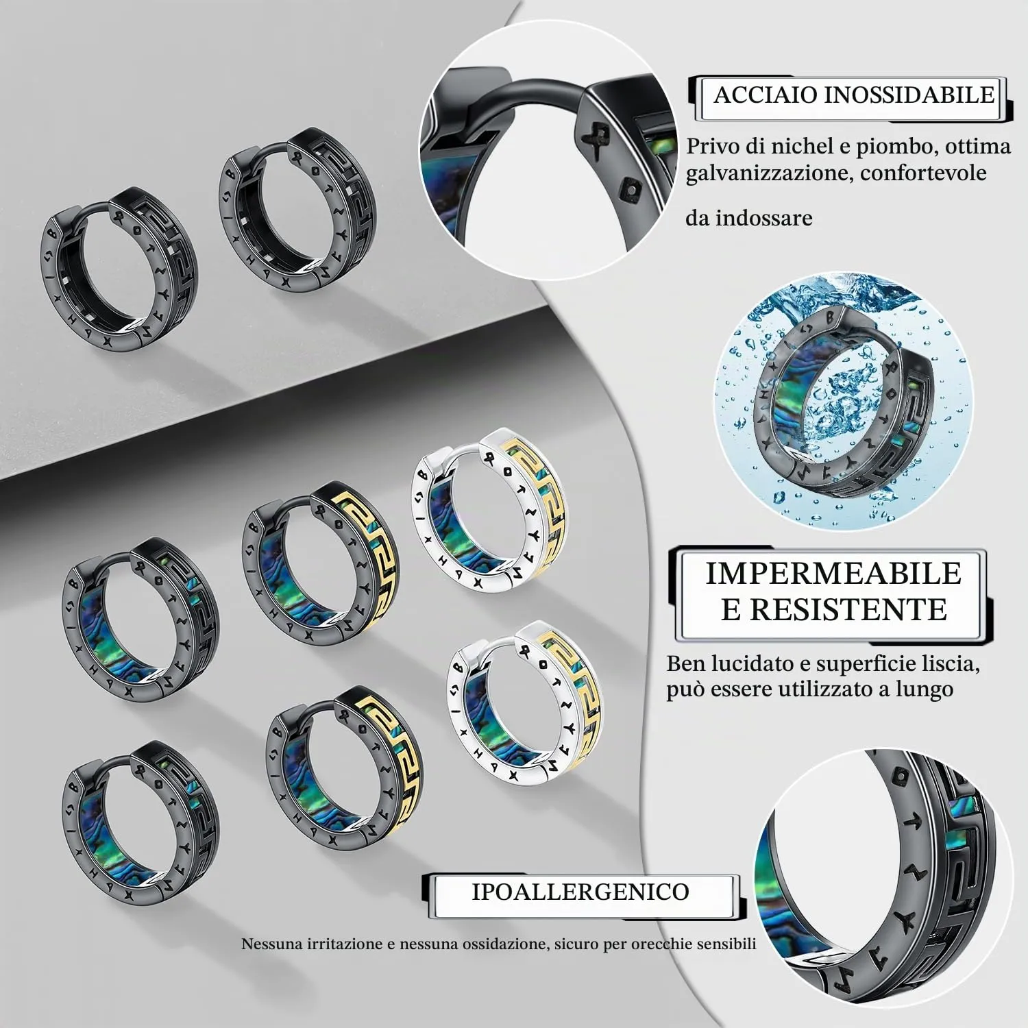 Odinstone Orecchini a Cerchio Viking Rune in Acciaio Inossidabile Nero, Stile Nordico Celtico per Uomo e Donna - immagine 5