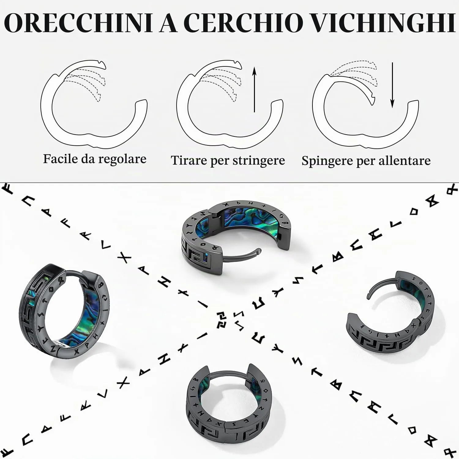 Odinstone Orecchini a Cerchio Viking Rune in Acciaio Inossidabile Nero, Stile Nordico Celtico per Uomo e Donna - immagine 6
