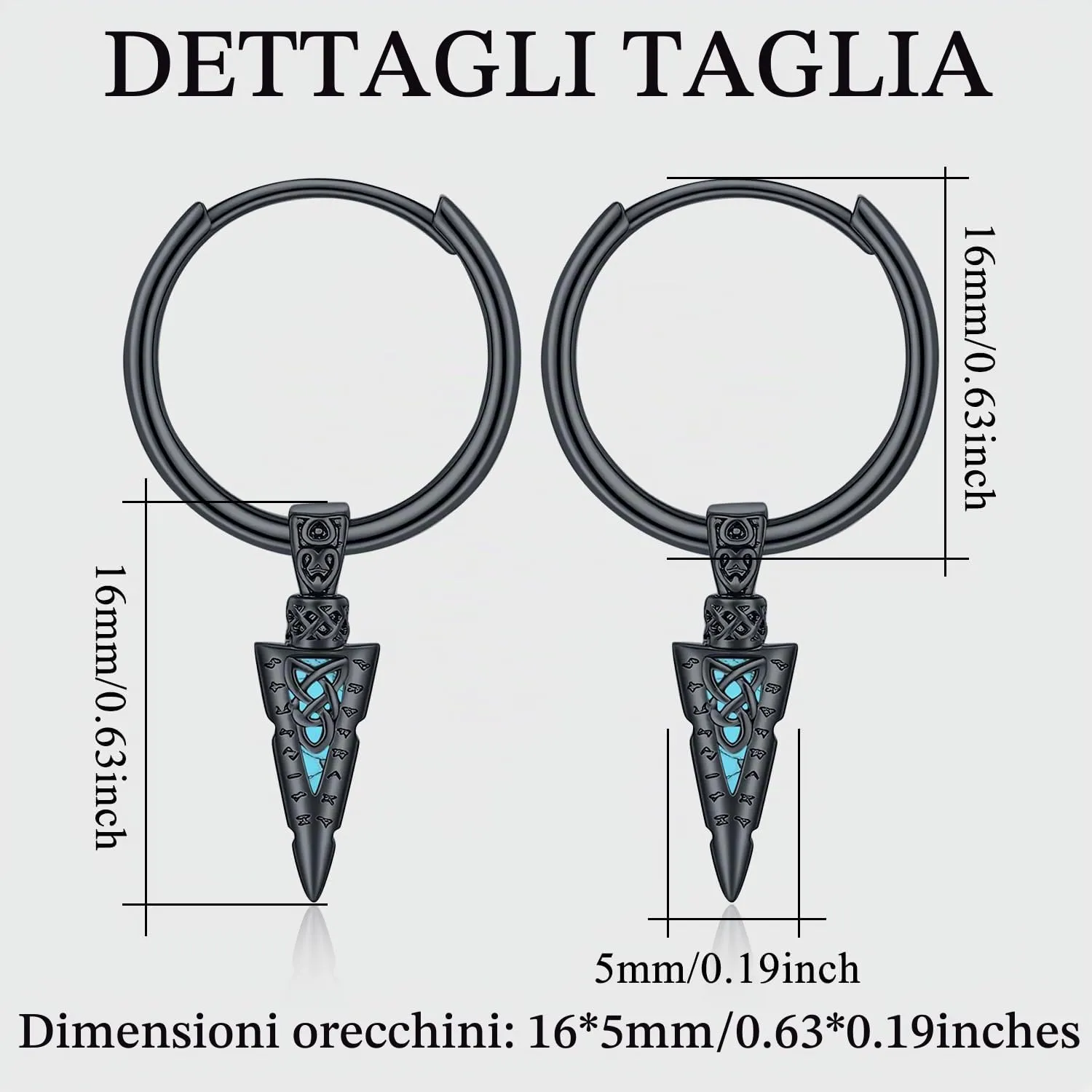 Odinstone Orecchini Creoli Viking Punta di Lancia Nero Celtico 17 mm - immagine 2