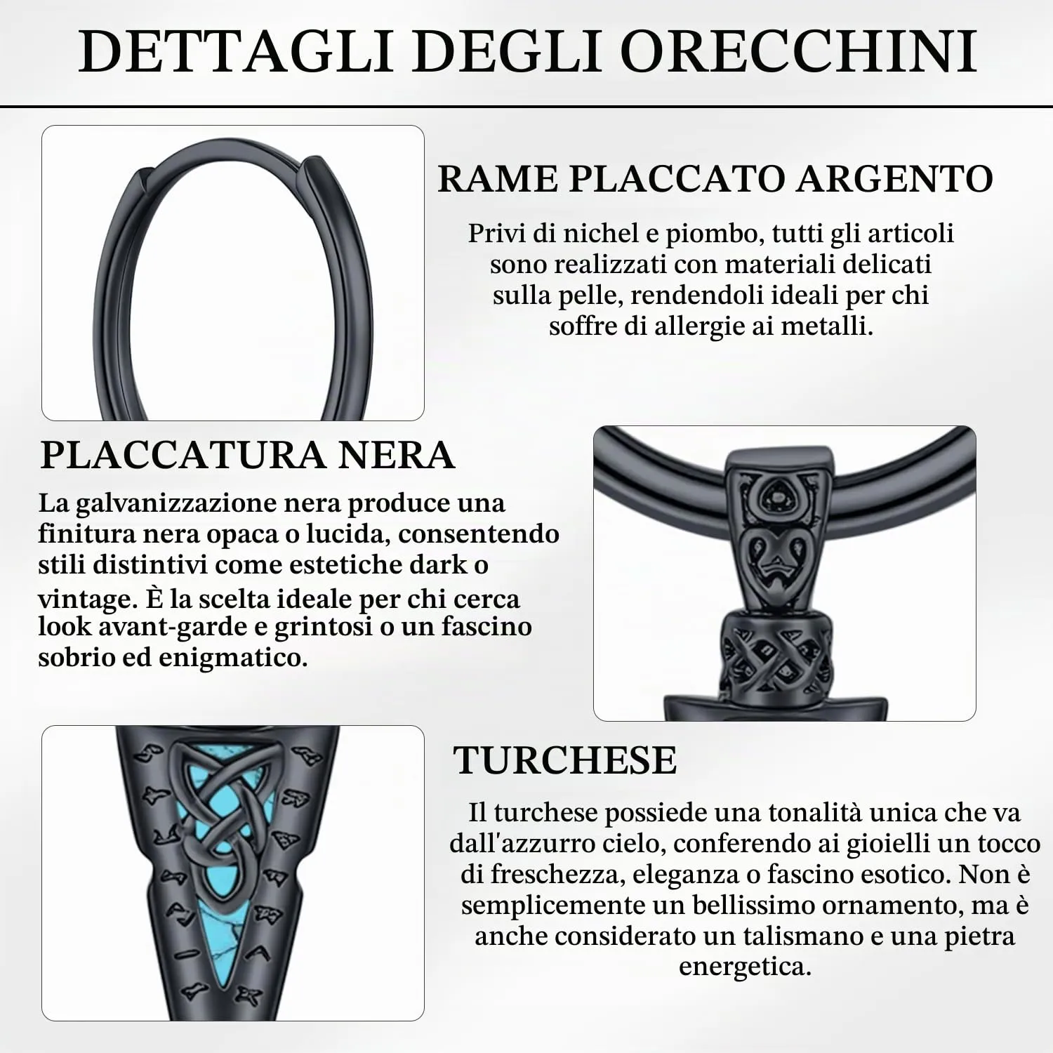 Odinstone Orecchini Creoli Viking Punta di Lancia Nero Celtico 17 mm - immagine 4