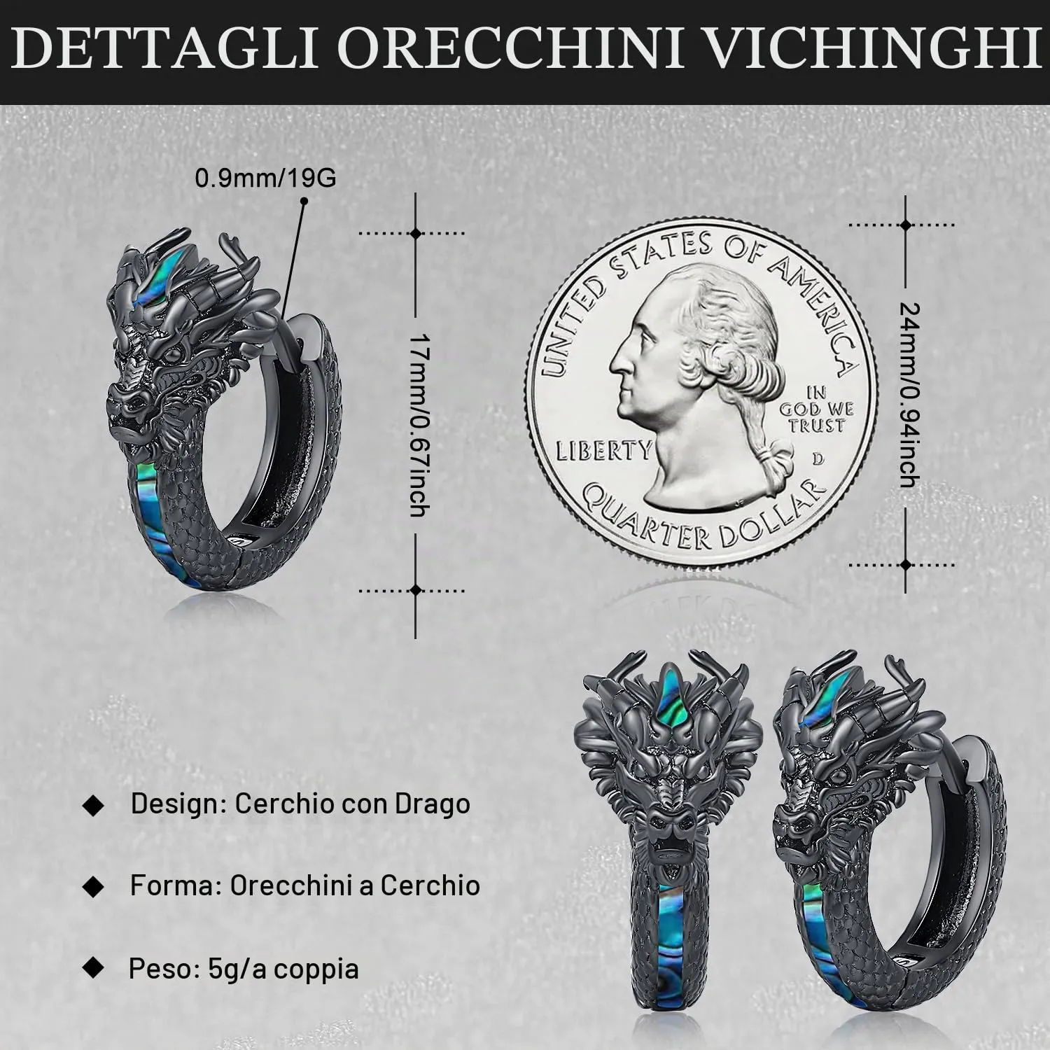 Odinstone Orecchini a Cerchio Drago Vichingo in Abalone Neri - immagine 2