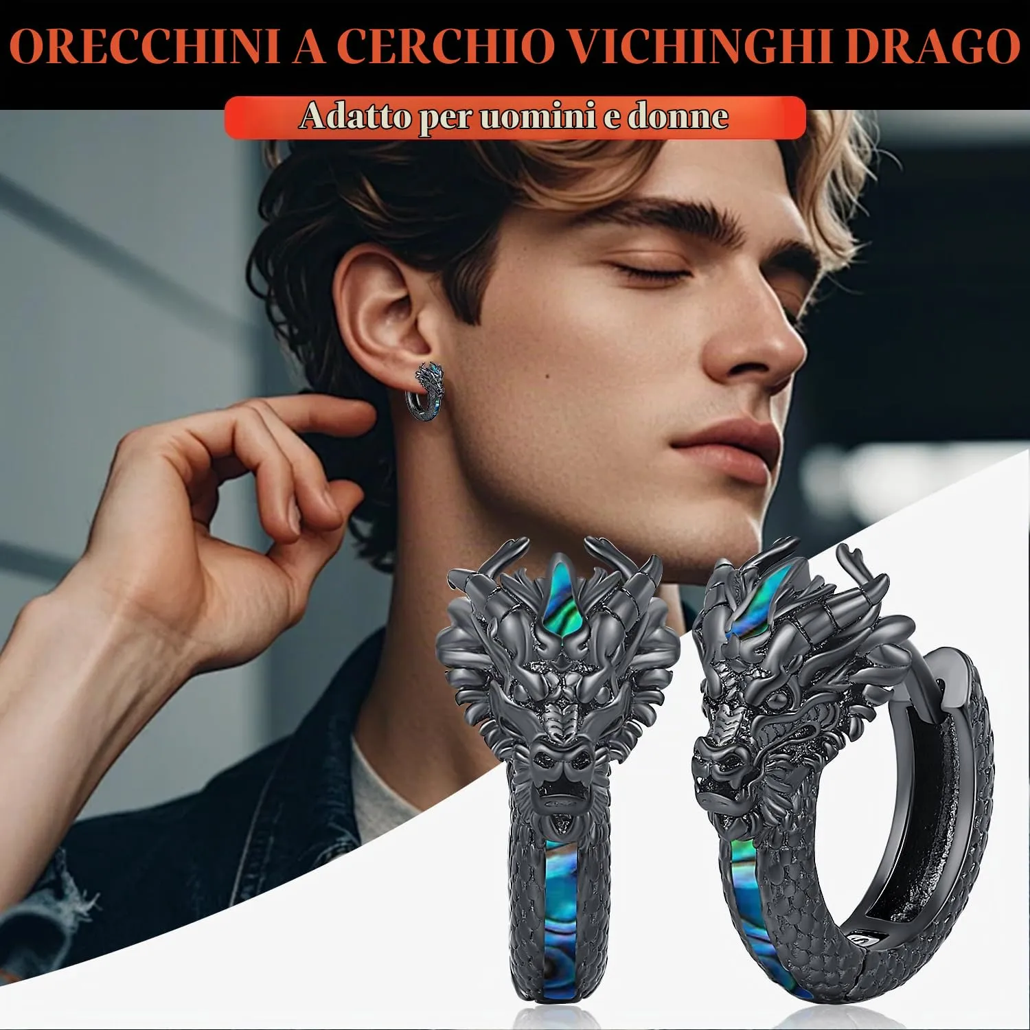 Odinstone Orecchini a Cerchio Drago Vichingo in Abalone Neri - immagine 3