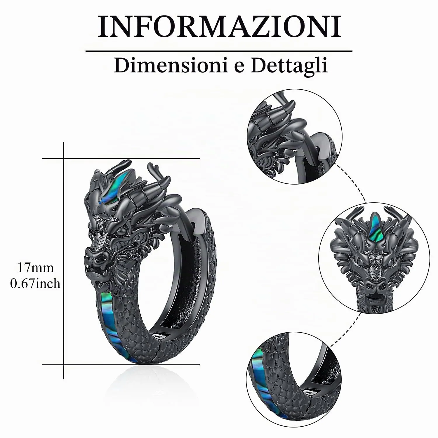 Odinstone Orecchini a Cerchio Drago Vichingo in Abalone Neri - immagine 7